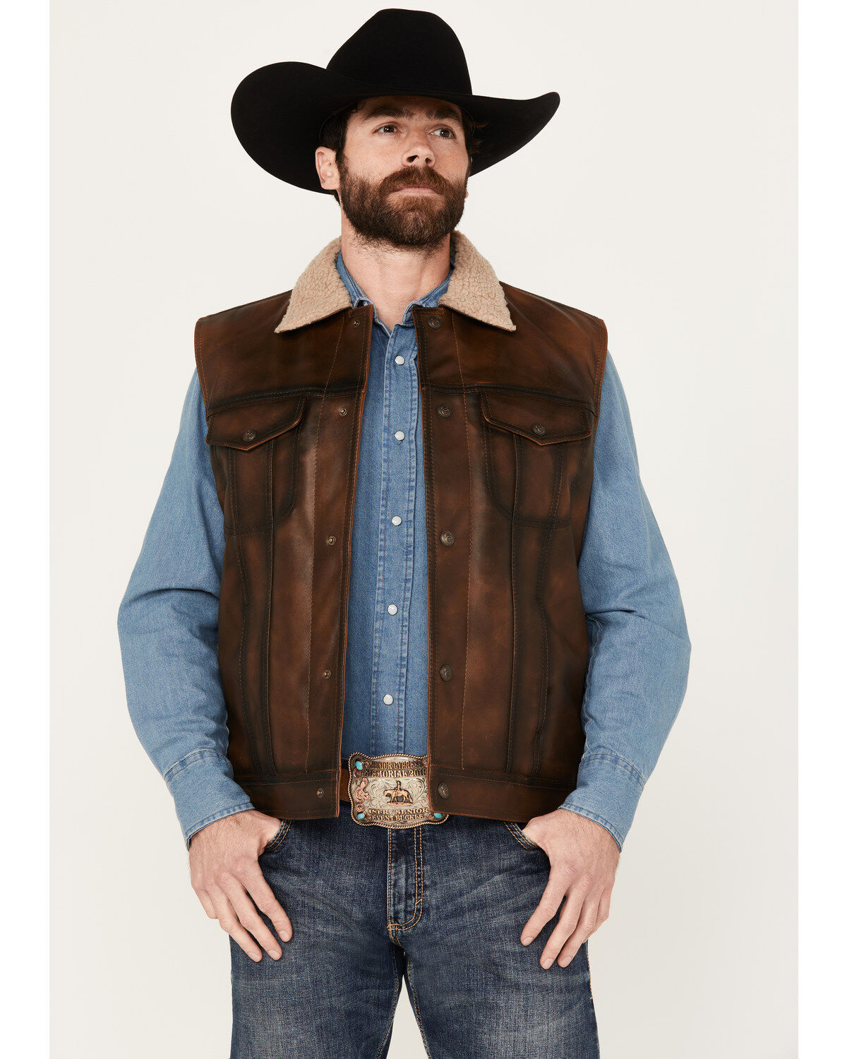 Cripple Creek Men's Sherpa Lined Leather Vest