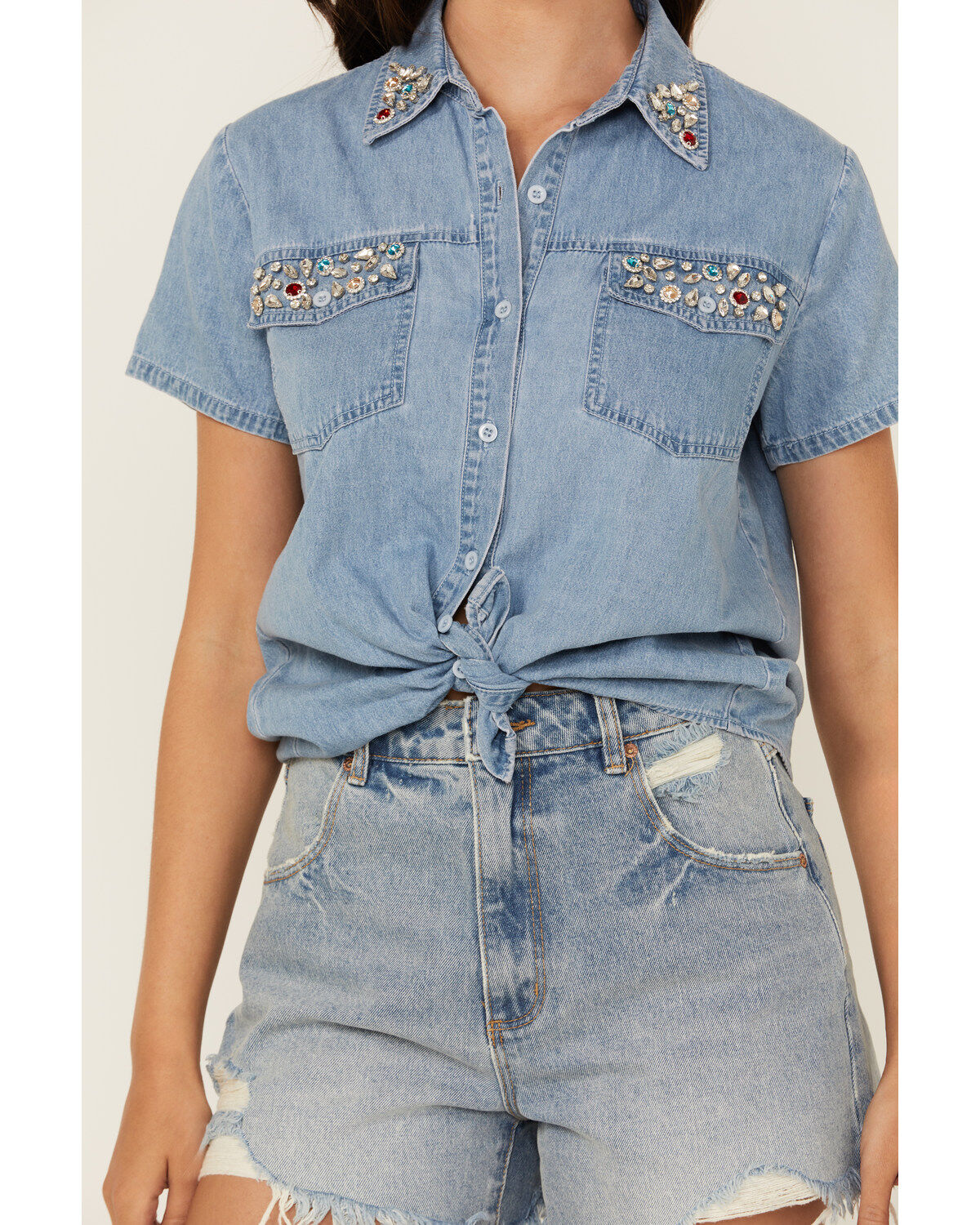 Blue B Women's Light Wash Rhinestone Short Sleeve Button-Down Denim Shirt