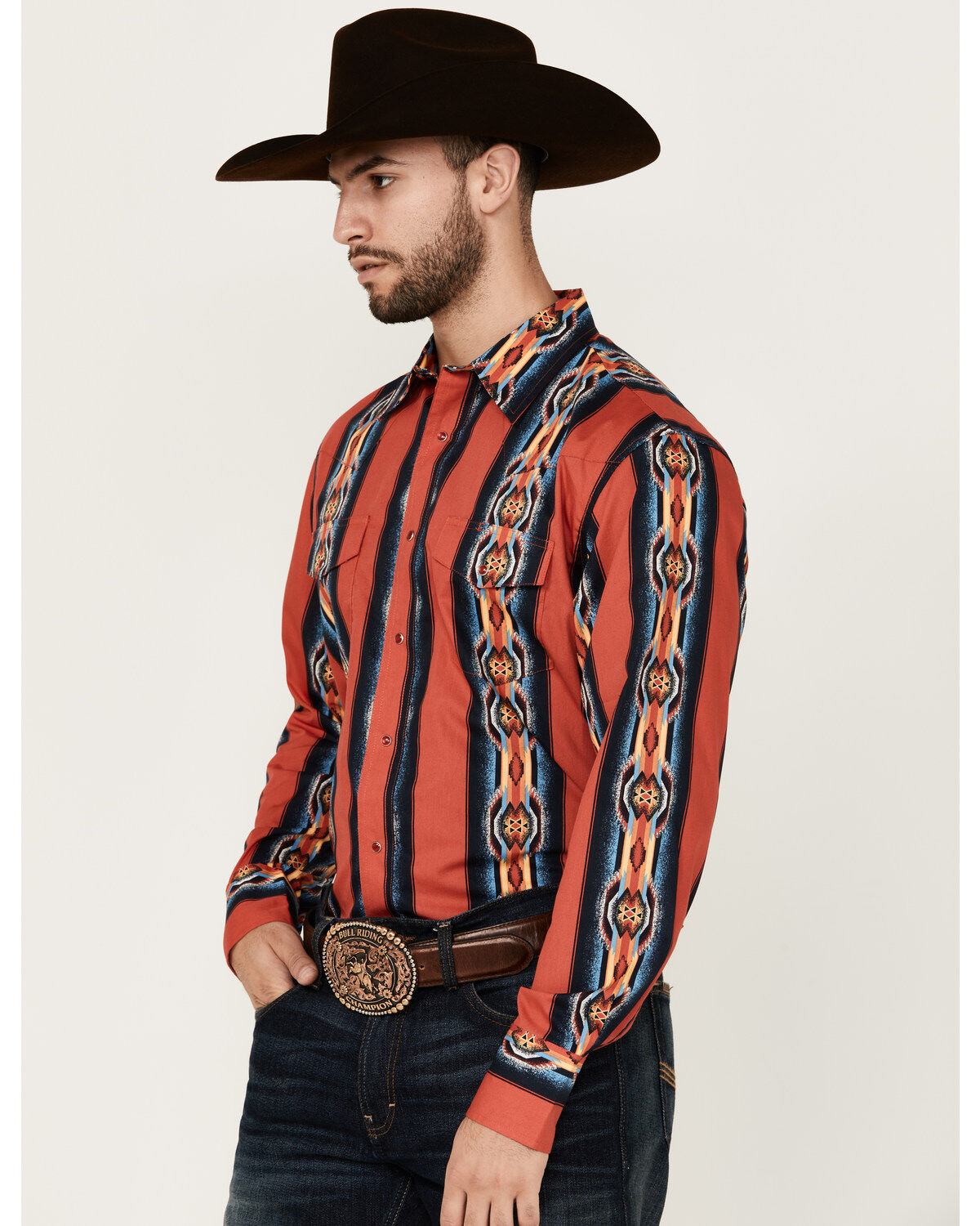 Wrangler Men's Checotah Southwestern Striped Print Long Sleeve Pearl Snap Western Shirt