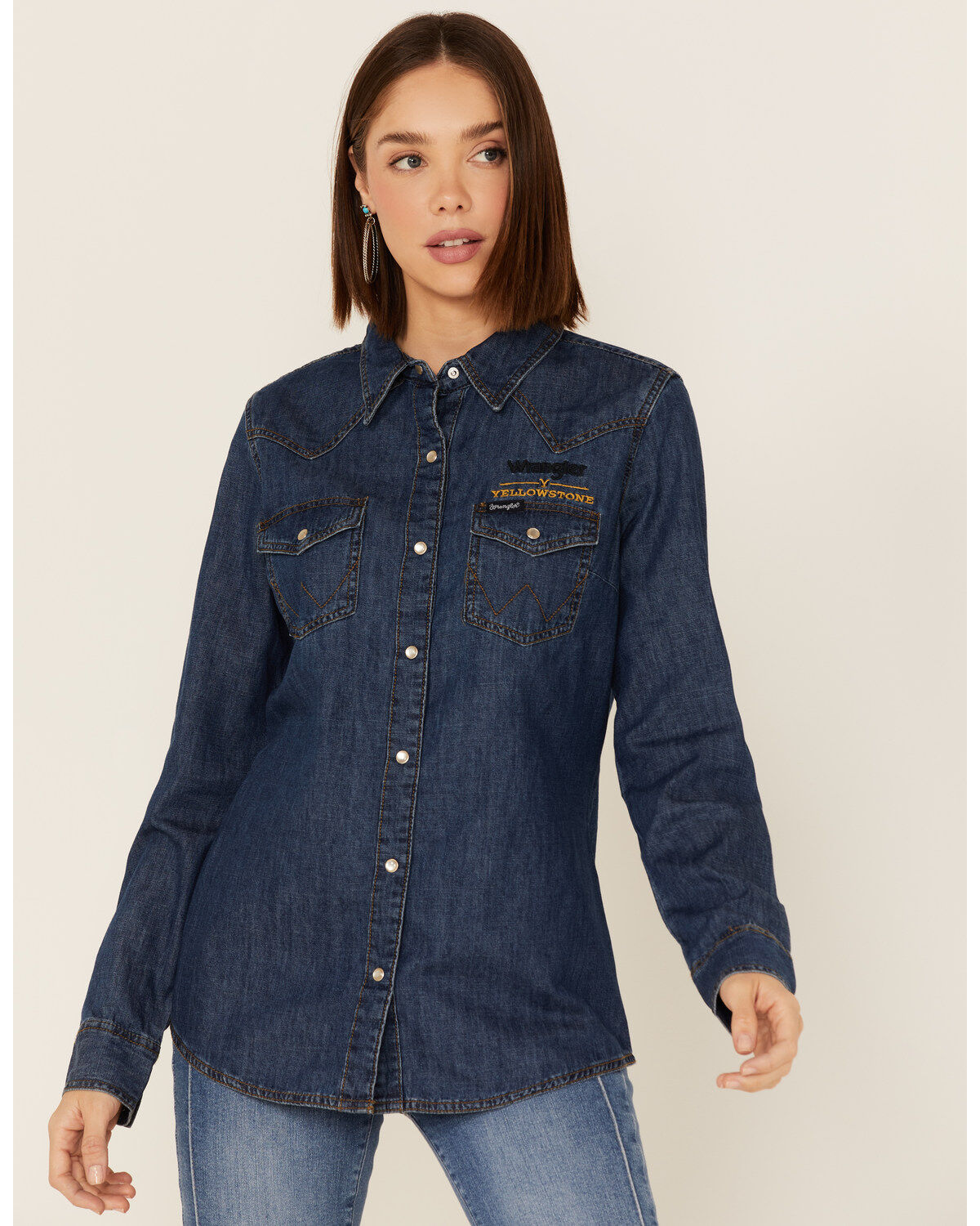 Wrangler X Yellowstone Women's Metallic Screen Print Pearl Snap Denim Shirt