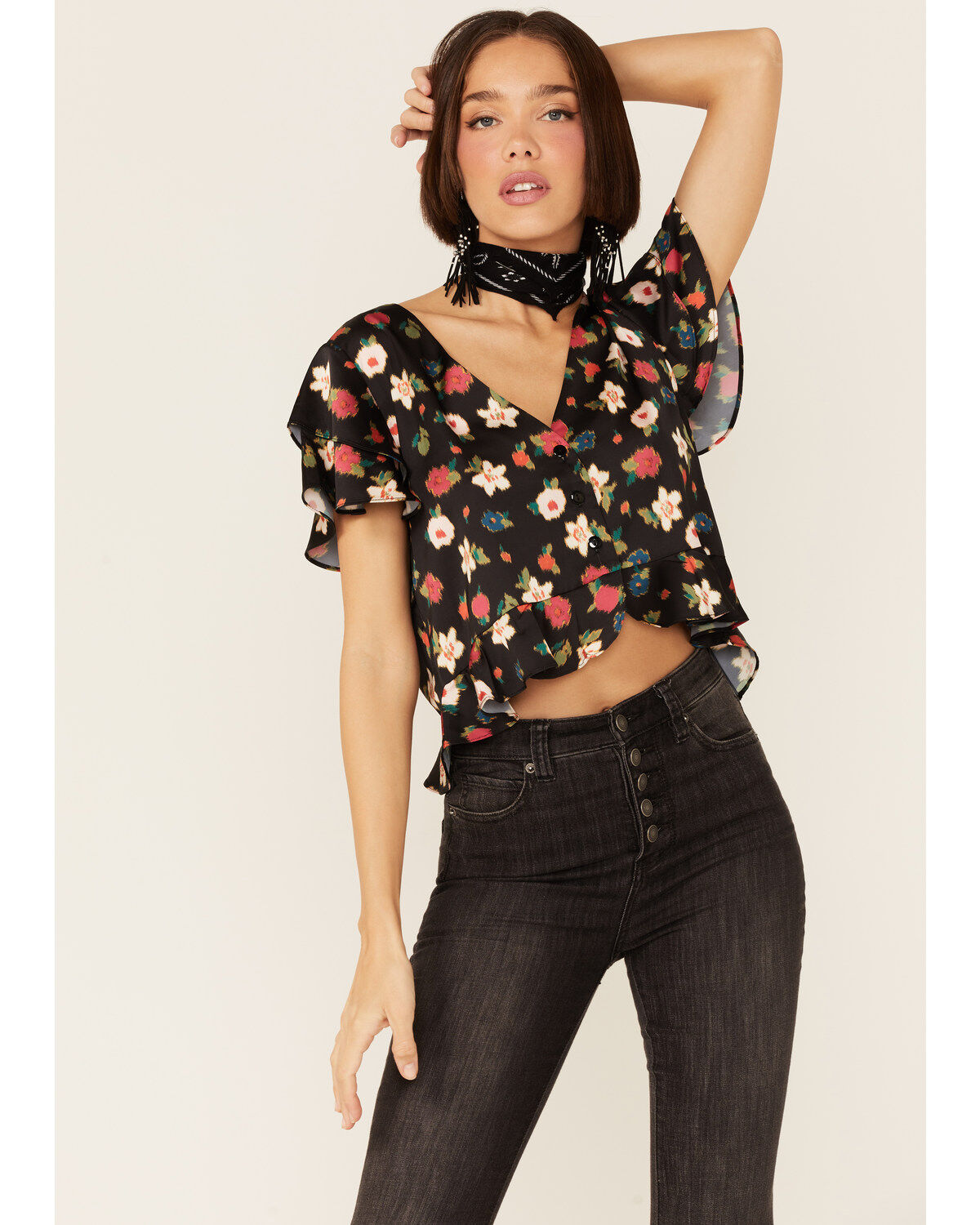 Beyond The Radar Women's Floral Satin Button Front Blouse