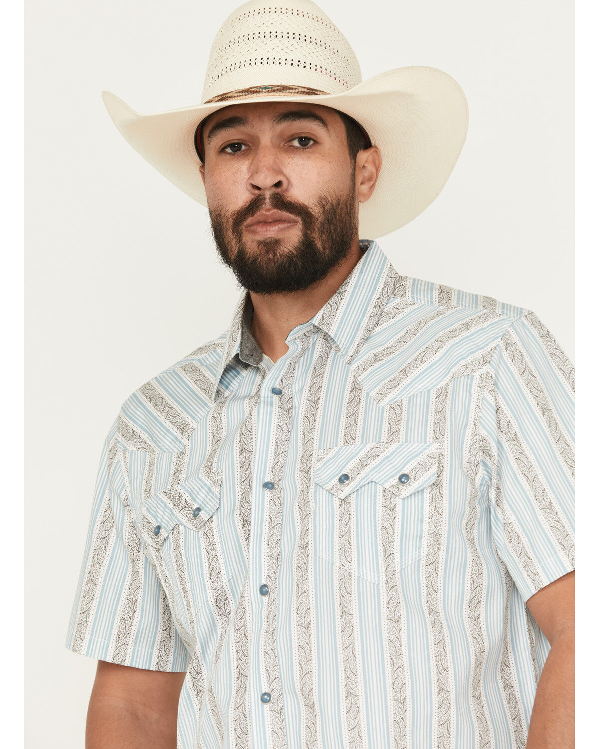 Moonshine Spirit Men's Hula Girl Floral Striped Print Short Sleeve Snap Western Shirt