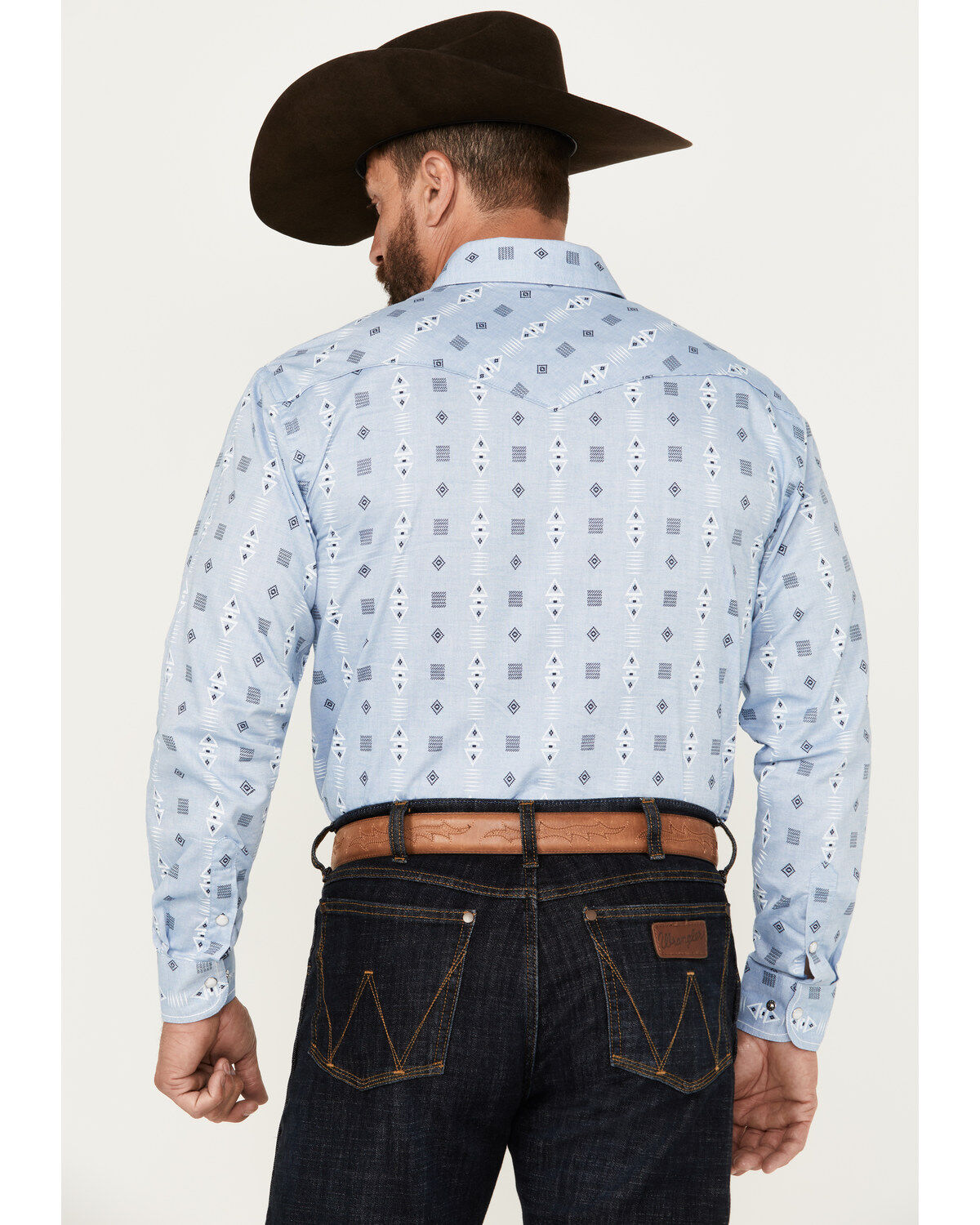 Rough Stock by Panhandle Men's Chambray Southwestern Print Long Sleeve Snap Western Shirt