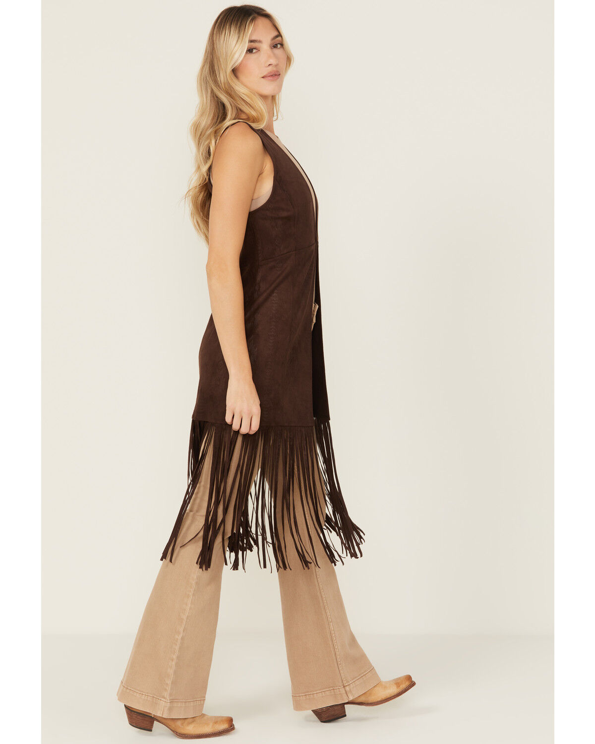 Shyanne Women's Embossed Southwestern Print Fringe Faux Suede Vest