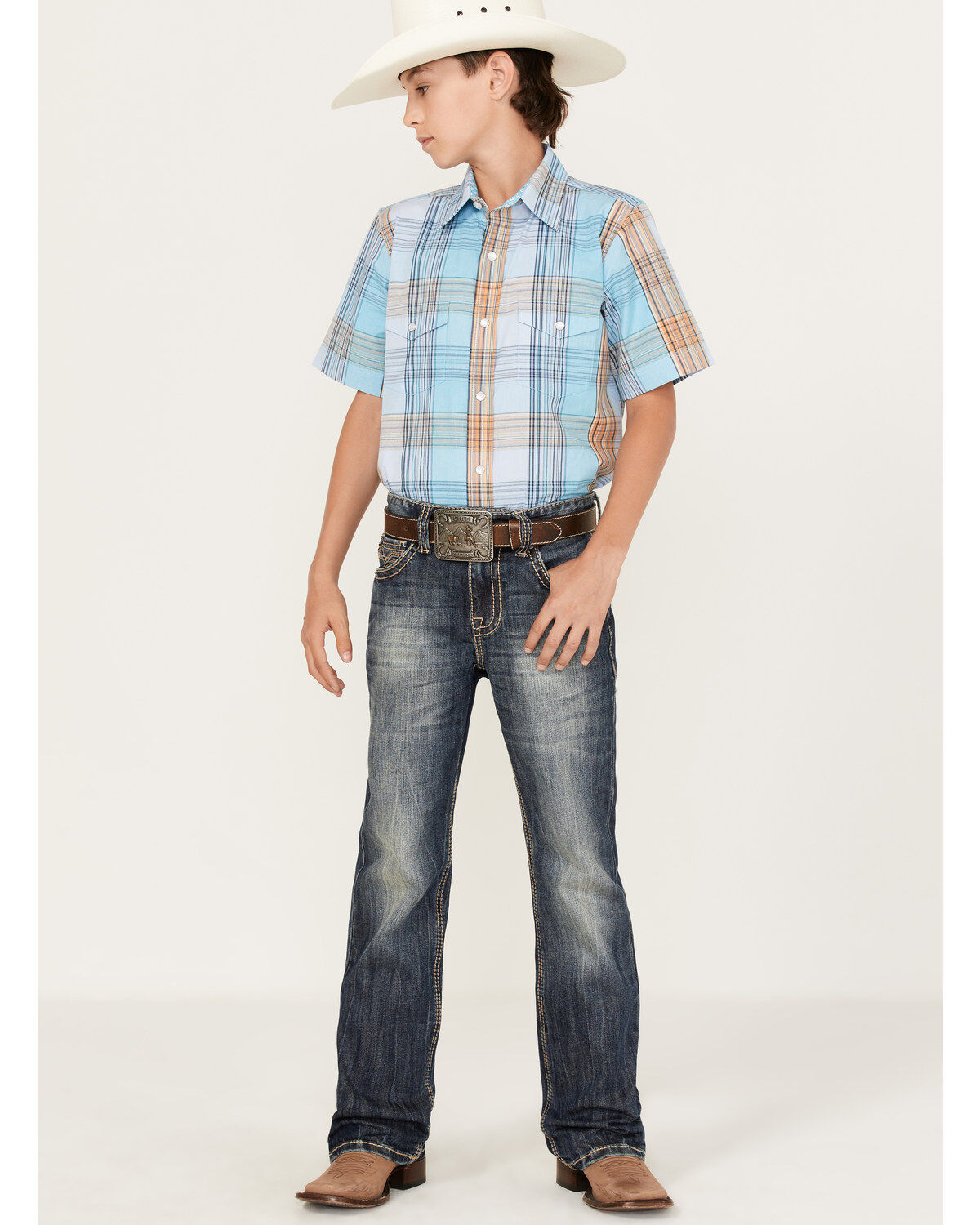 Panhandle Boys' Plaid Print Short Sleeve Western Pearl Snap Shirt