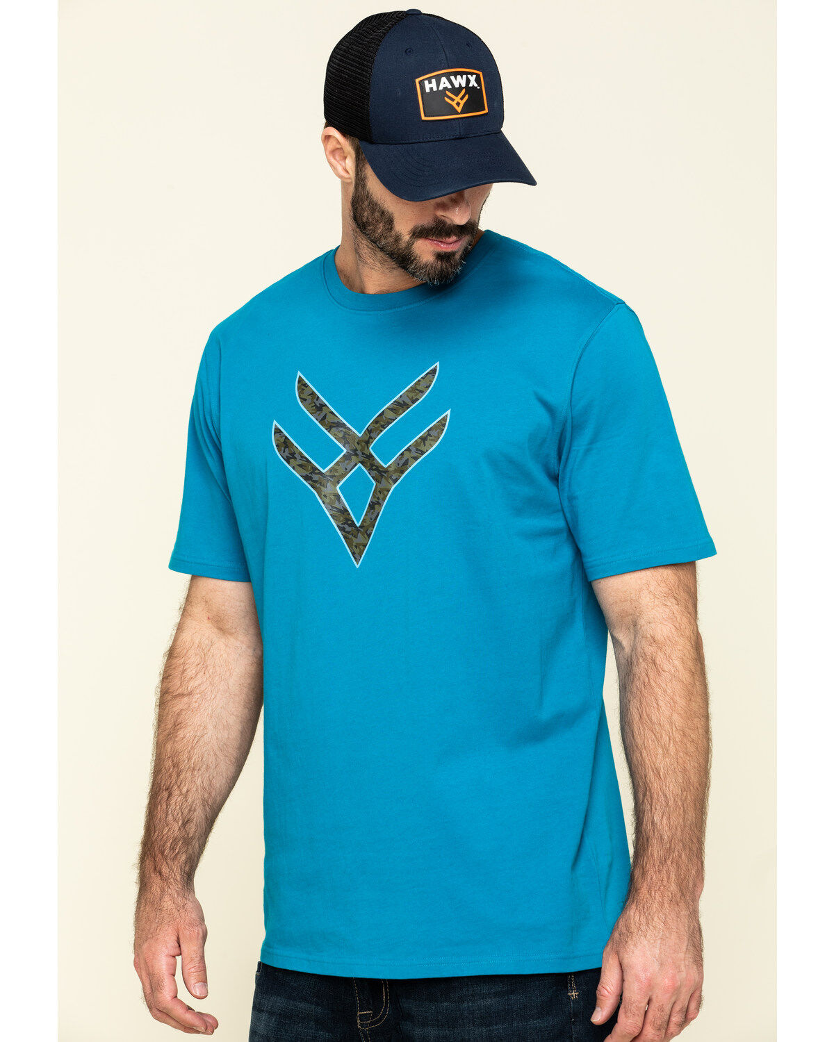 Hawx Men's Teal Fractal Camo Logo Graphic Work T-Shirt