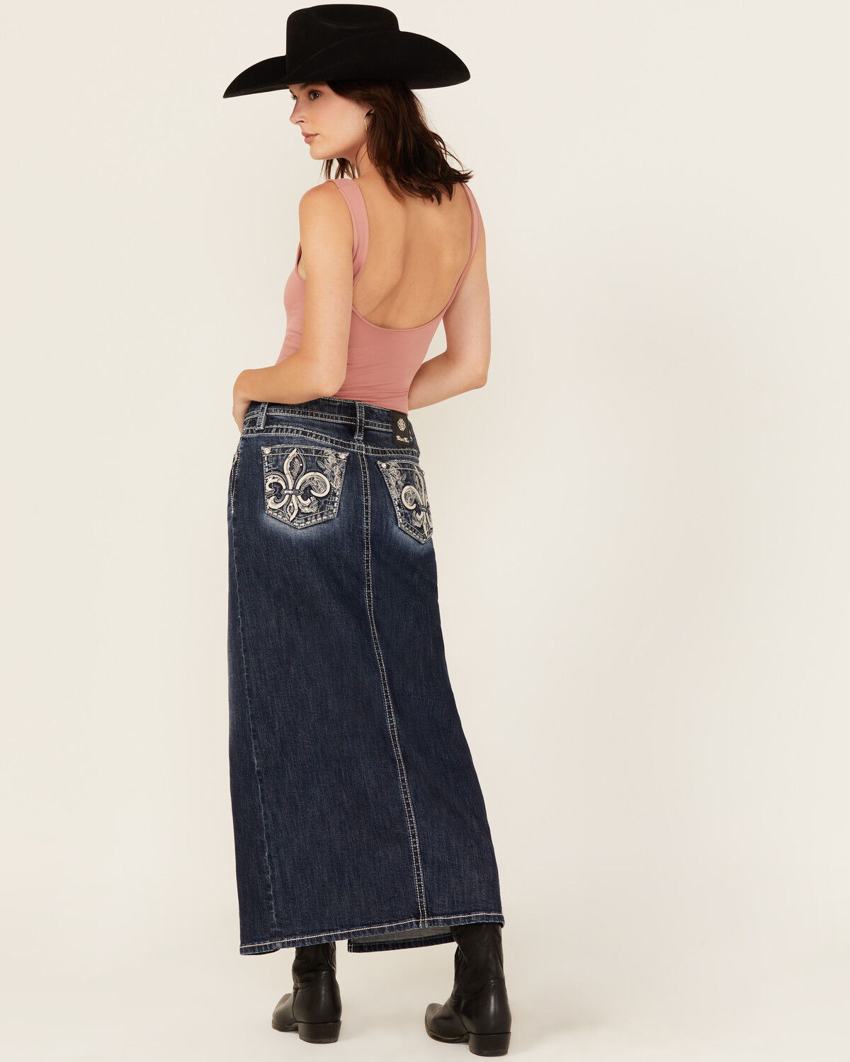 Miss Me Women's Dark Wash Embroidered Pocket Stretch Denim Maxi Skirt
