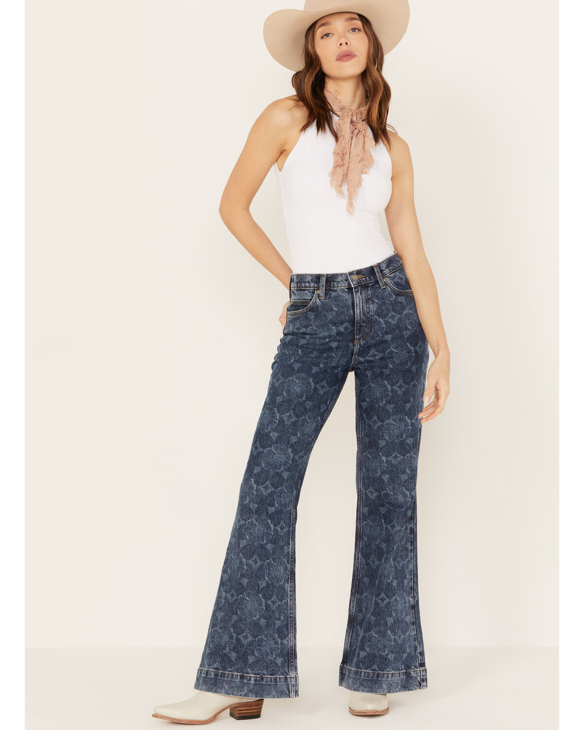 Lee Women's Medium Wash Mid Rise Floral Flare Jeans