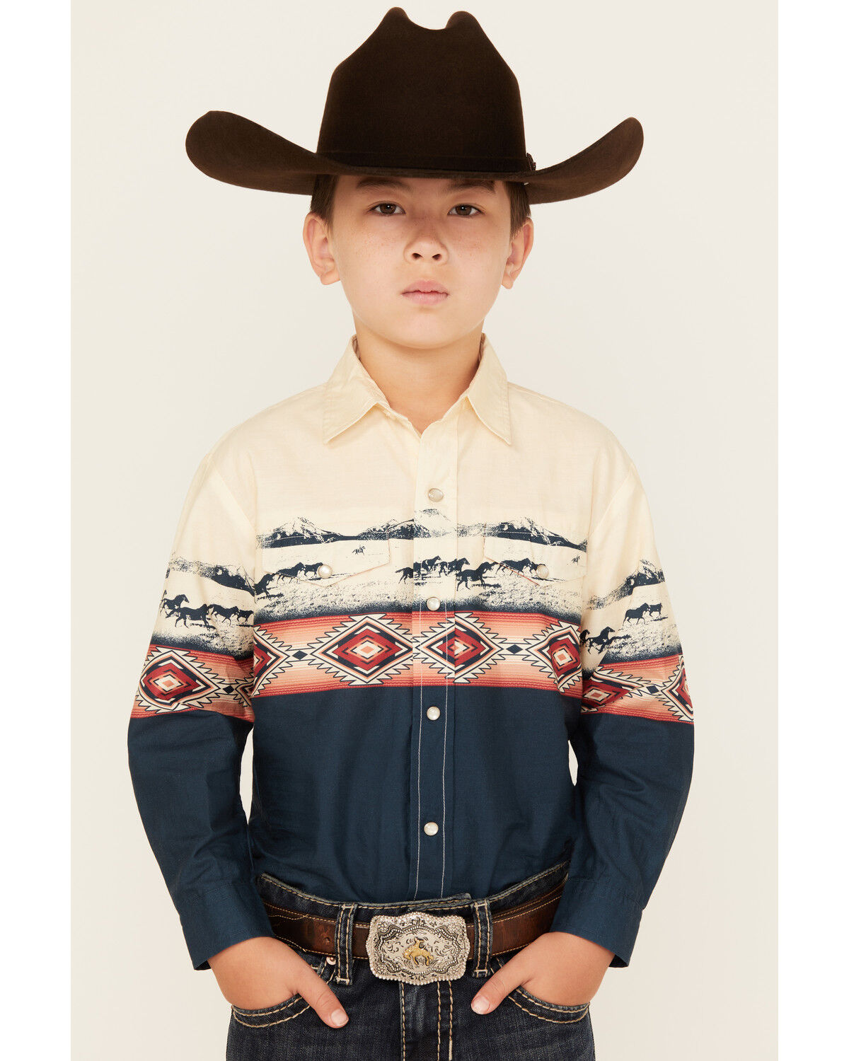 Roper Boys' Vintage Running Horses Boarder Long Sleeve Snap Western Shirt
