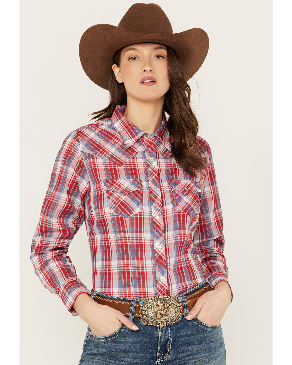Ely Walker Women's Plaid Print Long Sleeve Pearl Snap Western Shirt