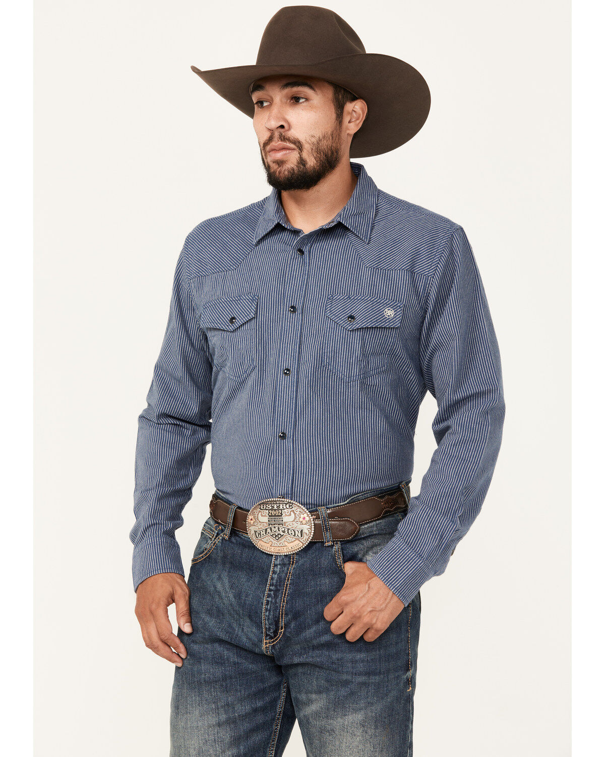 Blue Ranchwear Men's Somerville Herringbone Striped Print Long Sleeve Snap Work Shirt