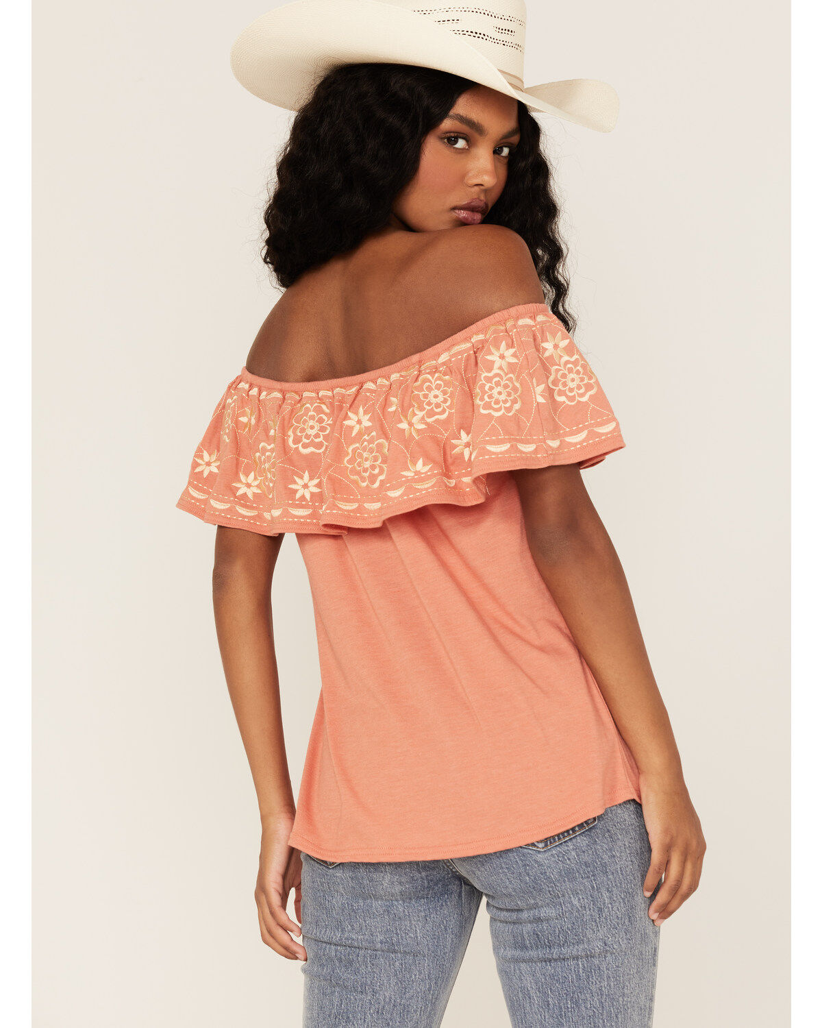 Panhandle Women's Embroidered Flounce Off Shoulder Top