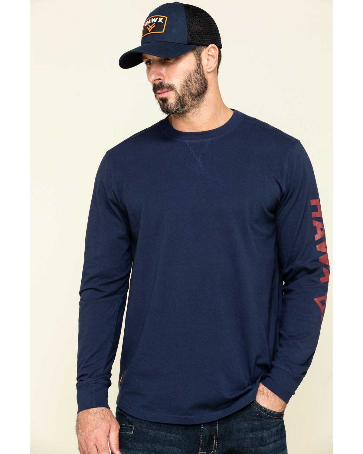 Hawx Men's Navy Sleeve Logo Long Sleeve Work T-Shirt