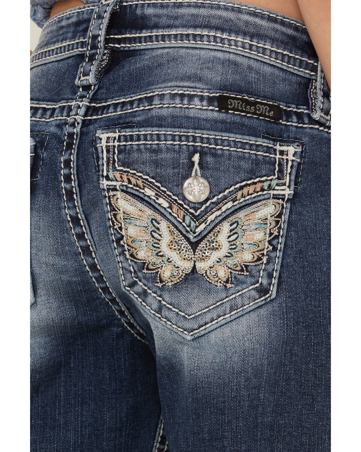 Miss Me Girls' Medium Wash Mid Rise Sequin Butterfly Skinny Jeans