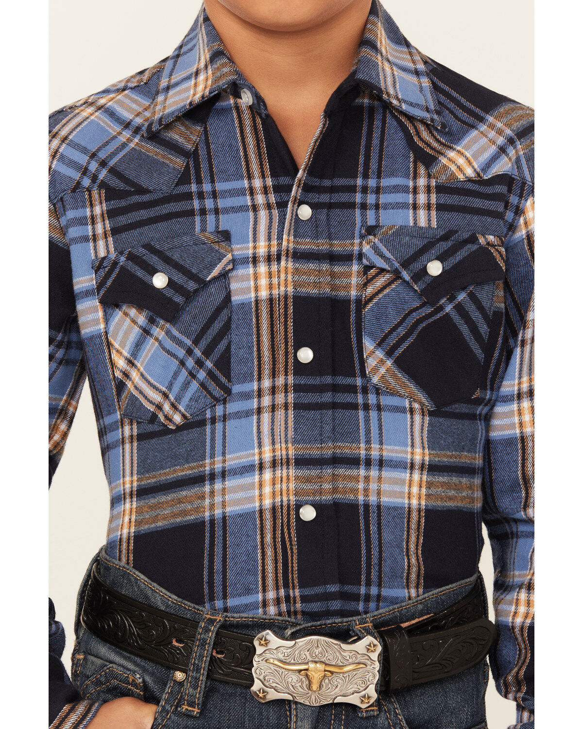 Ely Walker Boys' Plaid Print Brushed Flannel Long Sleeve Pearl Snap Western Shirt