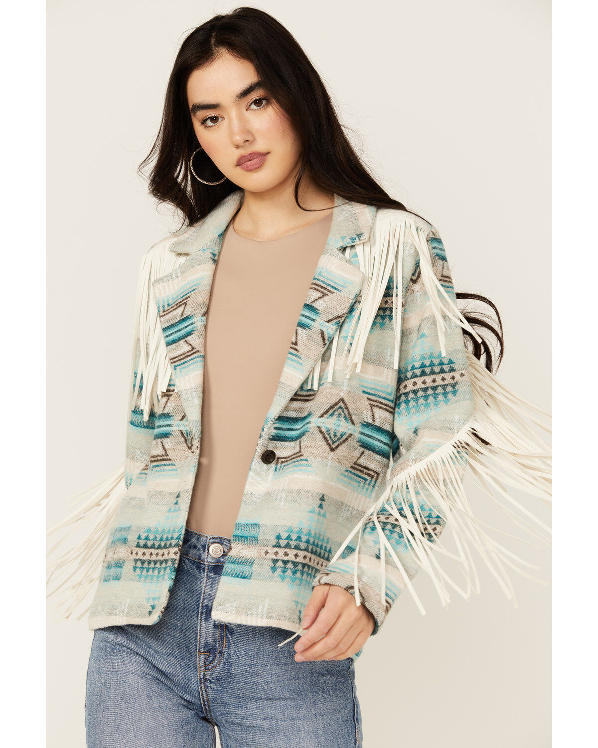 Rock & Roll Denim Women's Southwestern Print Fringe Jacket
