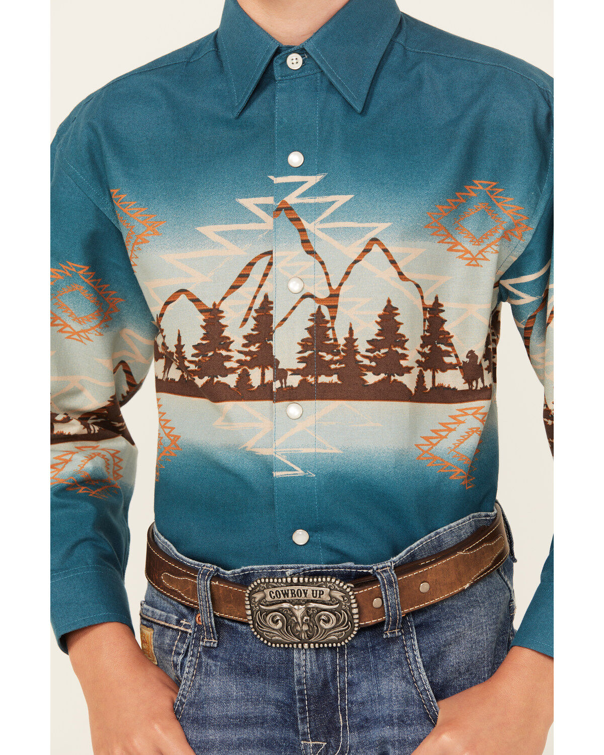 Panhandle Boys' Southwestern Mountain Border Long Sleeve Pearl Snap Western Shirt