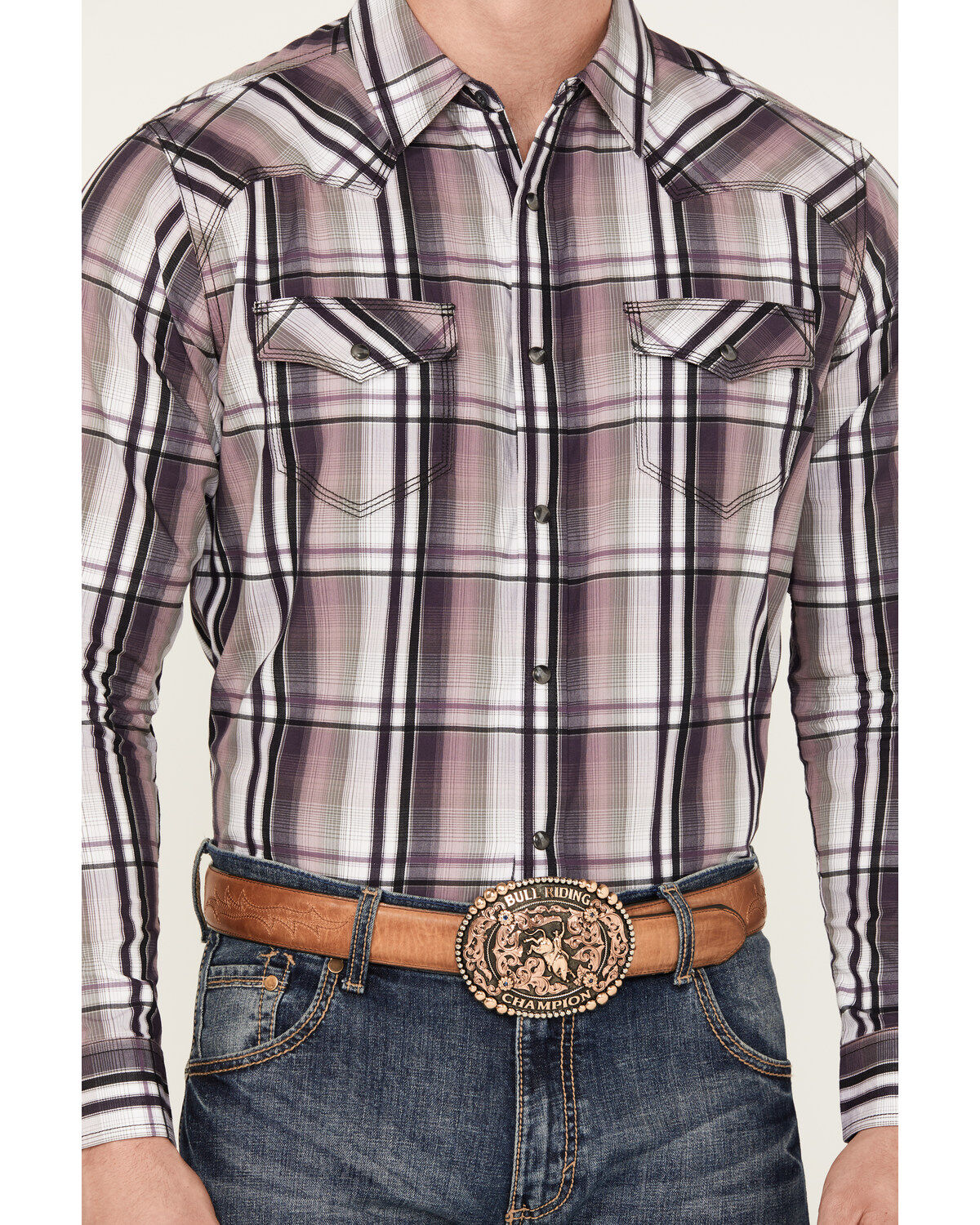 Moonshine Spirit Men's Back Stage Plaid Print Long Sleeve Snap Western Shirt