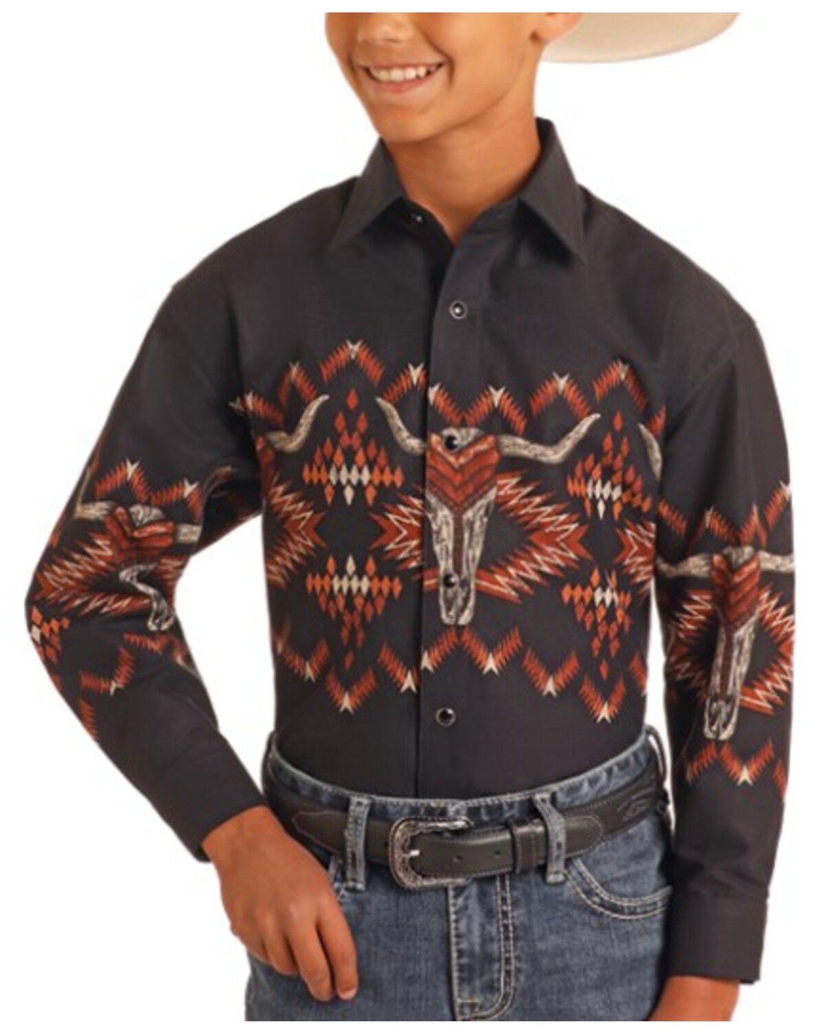 Panhandle Boys' Long Horn Border Print Long Sleeve Snap Western Shirt