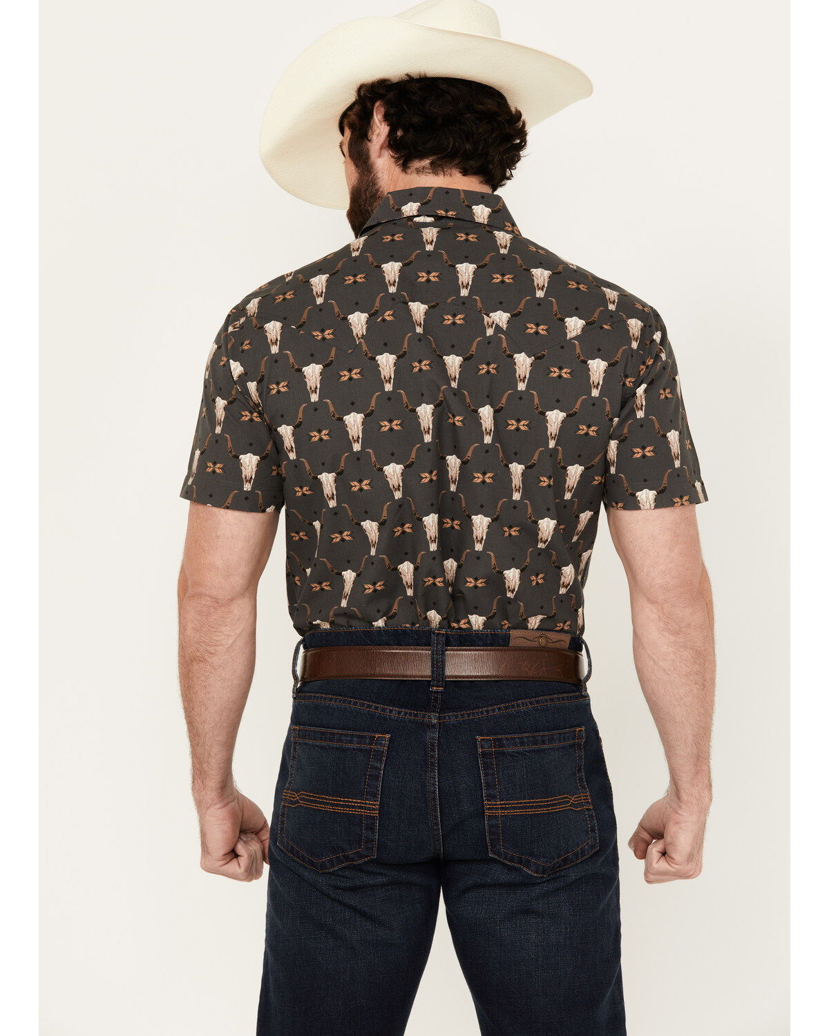 Rock & Roll Denim Men's Vintage 46 Steerhead Print Short Sleeve Snap Stretch Western Shirt