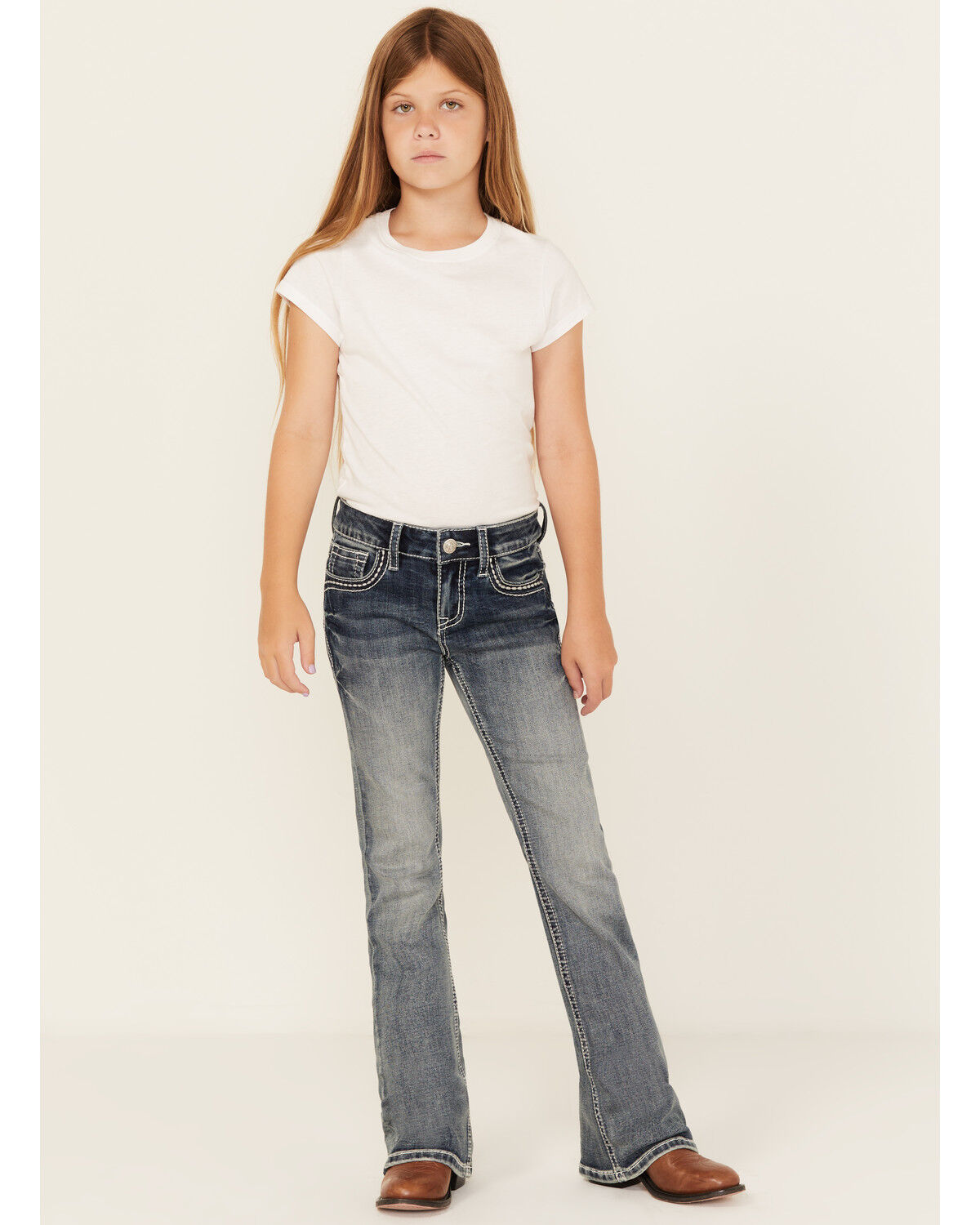 Grace In LA Girls' Dark Wash Fleur De Lis Bootcut Stretch Denim Jeans