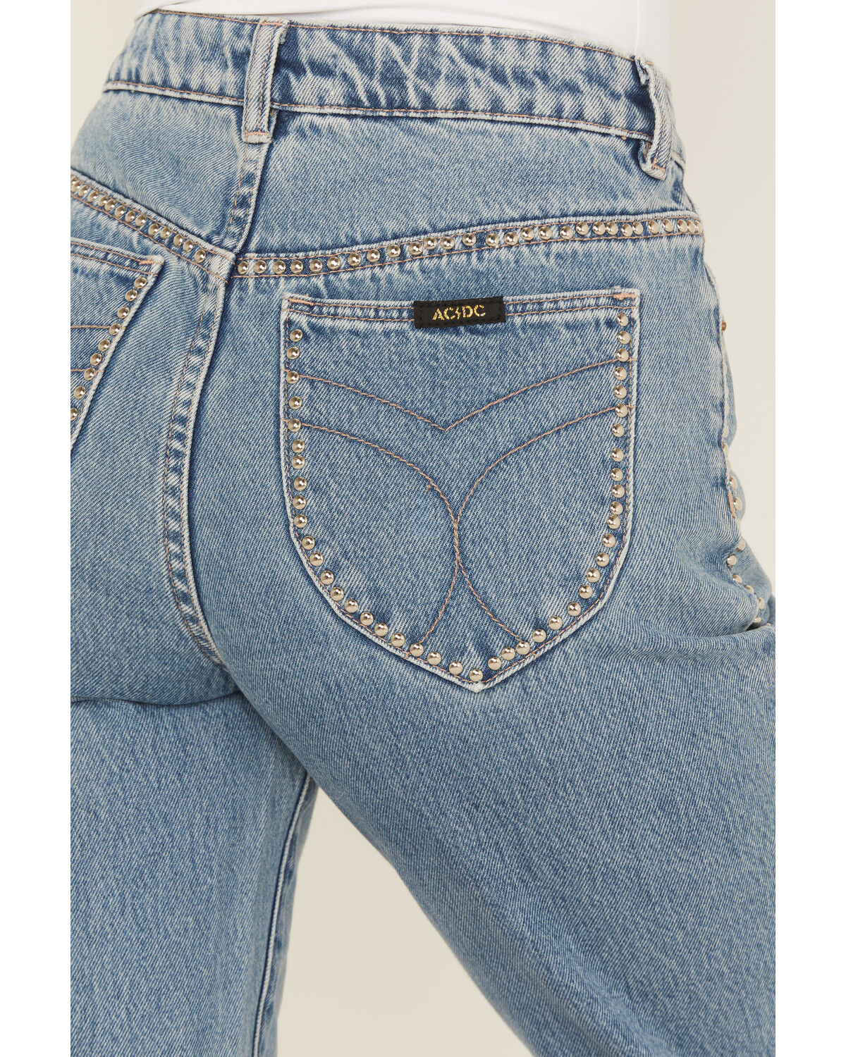 Rolla's X AC/DC Women's Medium Wash Mid Rise Studded 90s Relaxed Straight Denim Jeans