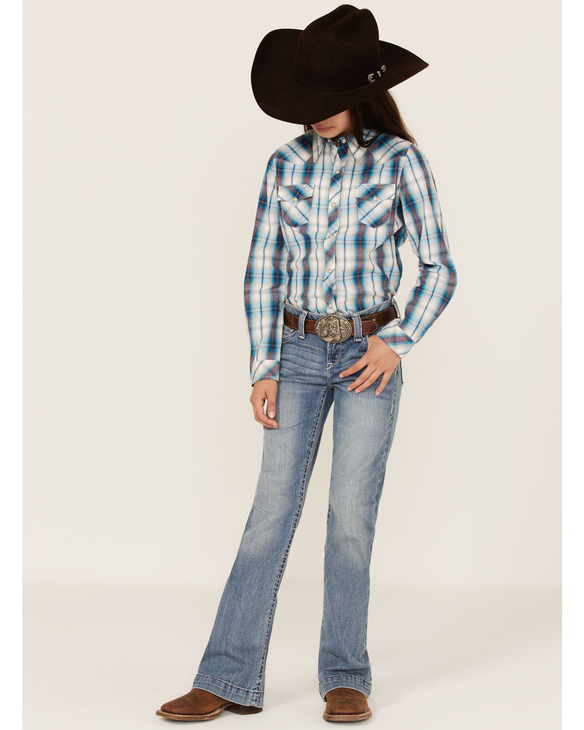 Roper Girls' West Made Plaid Print Long Sleeve Western Snap Shirt