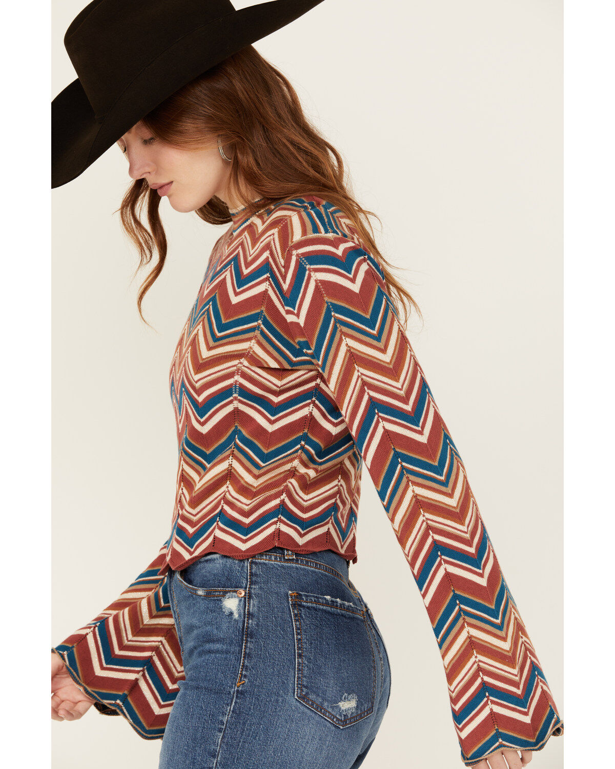 Rock & Roll Denim Women's Zig Zag Print Long Sleeve Bell Sweater