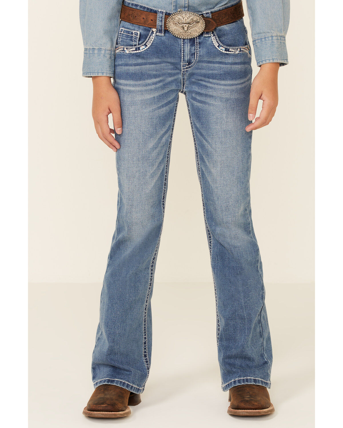 Shyanne Little Girls' Medium Wash Chevron Stitch Pocket Bootcut Jeans