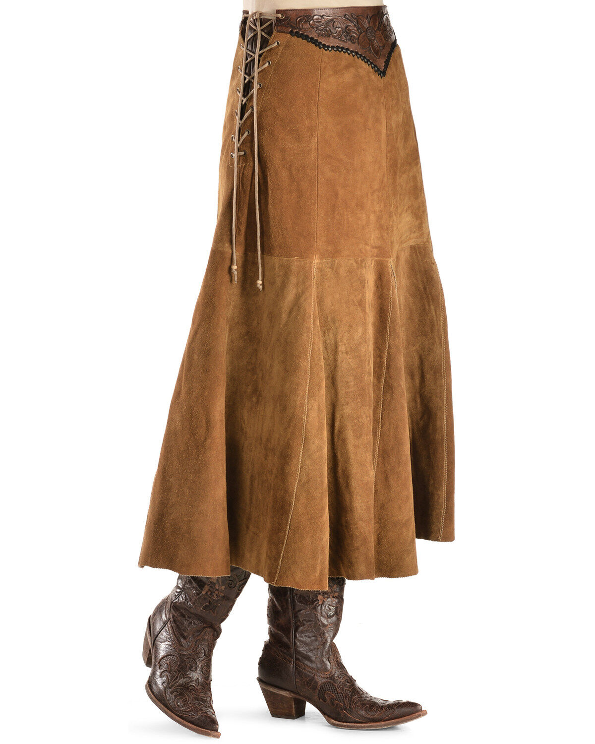 Kobler Leather Women's Choctaw Tooled Leather Lace-Up Suede Skirt
