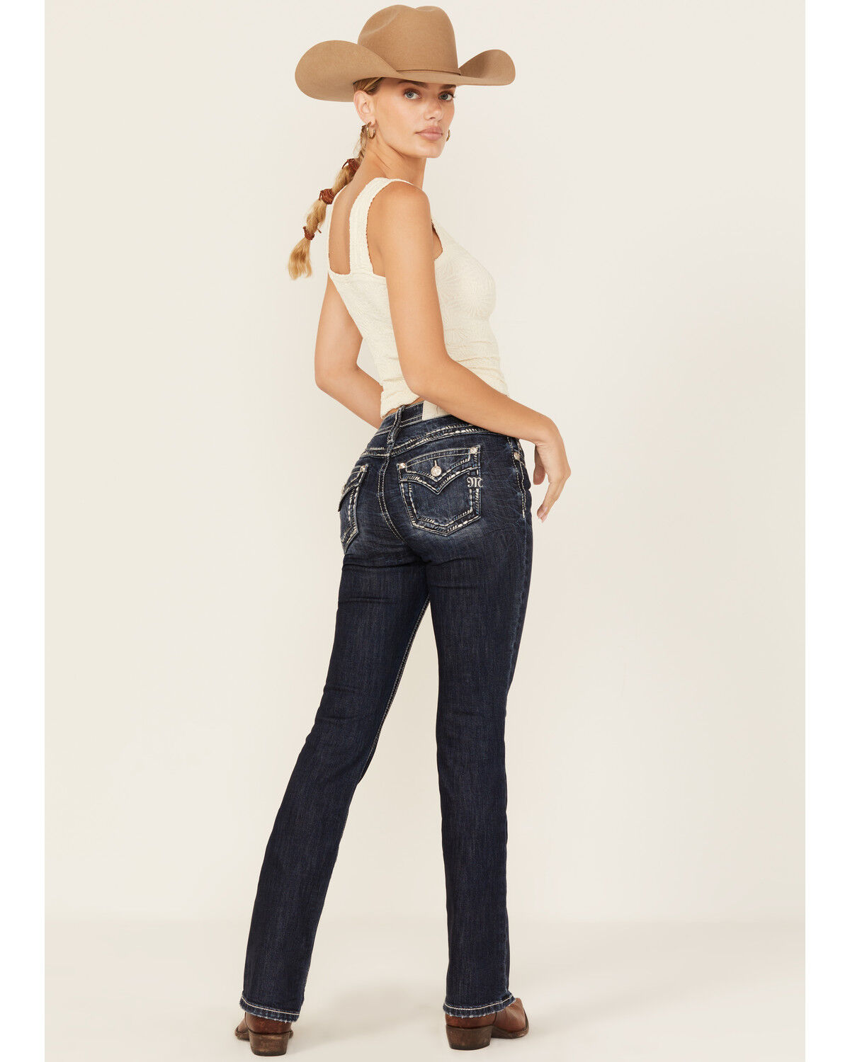 Miss Me Women's Dark Wash Mid Rise Whip Stitch Pocket Bootcut Stretch Denim Jeans