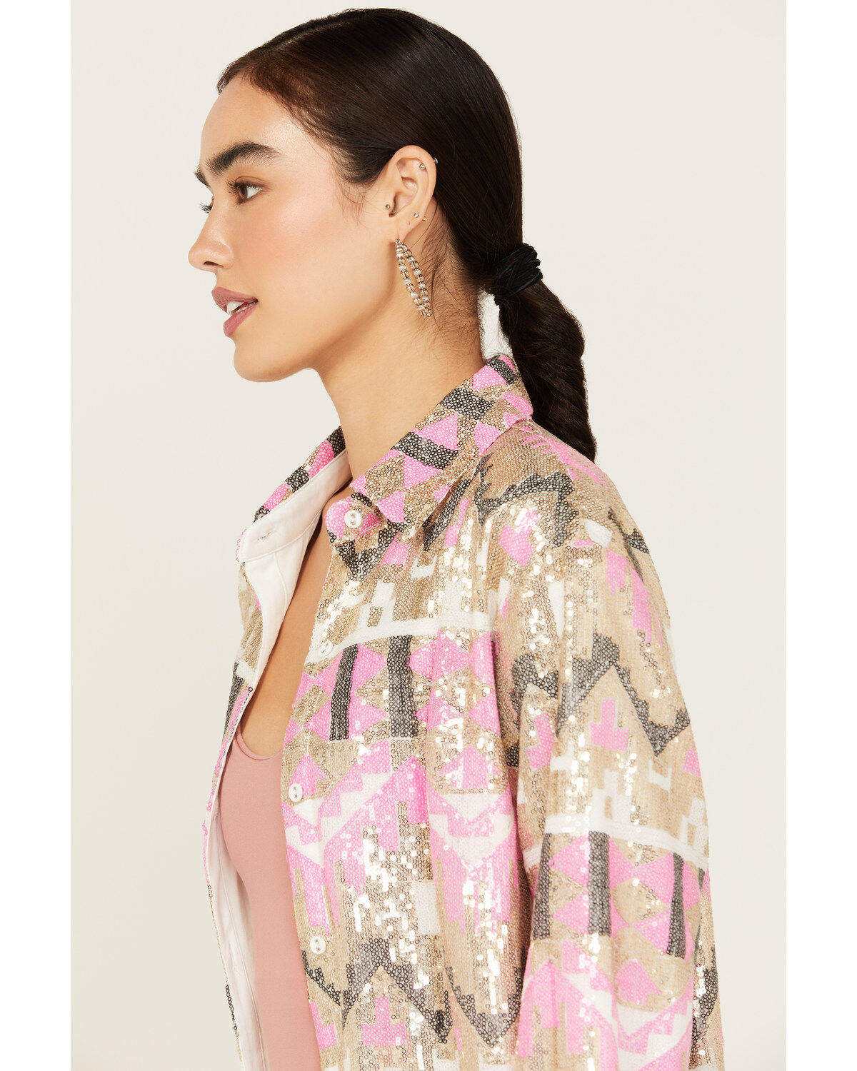 Mainstrip Women's Sequins Long Sleeve Button-Down Shacket