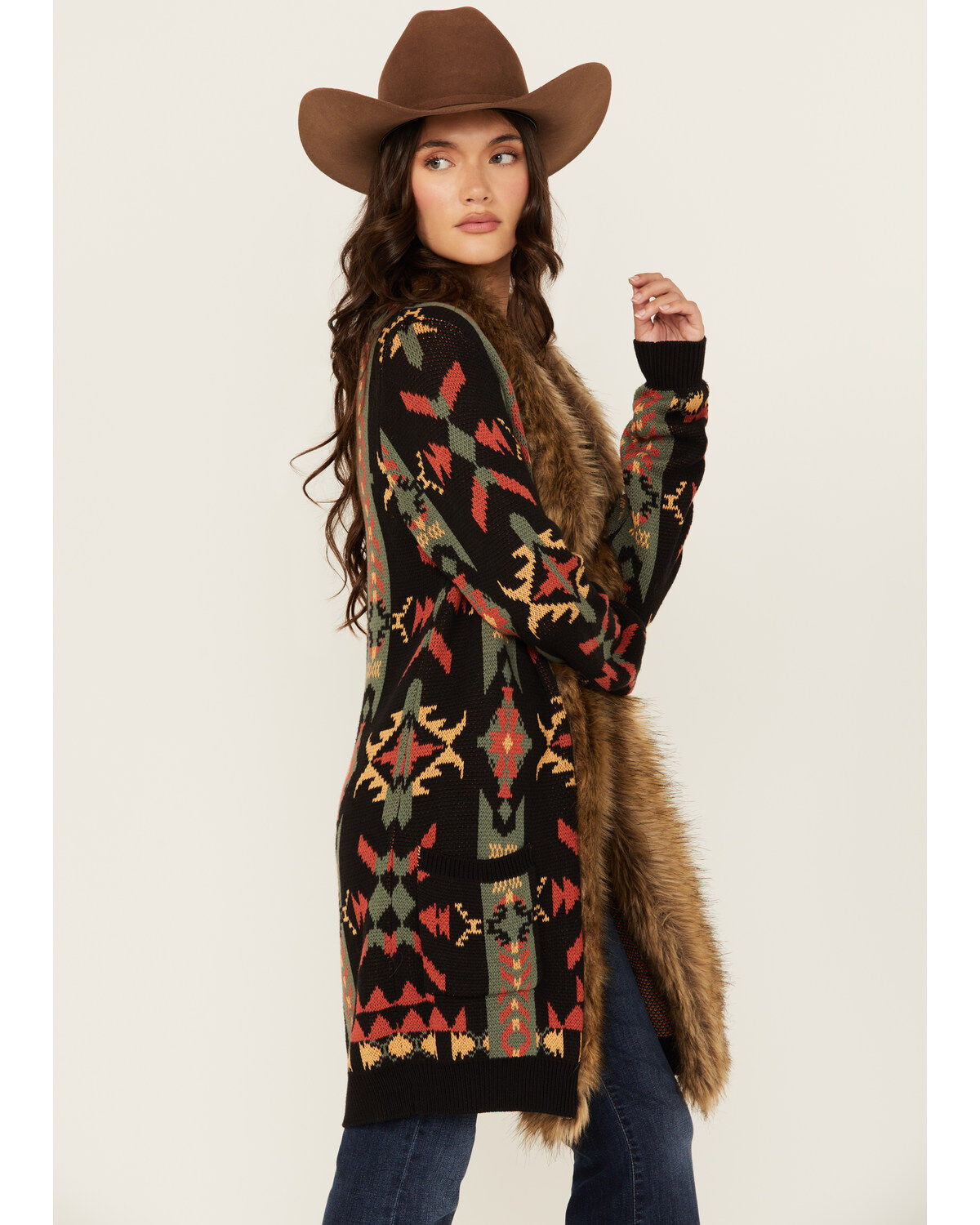Panhandle Women's Southwestern Print Fur Trim Cardigan