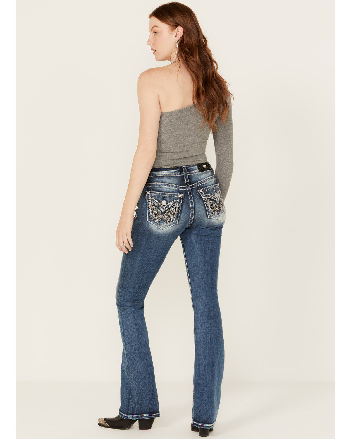 Miss Me Women's Medium Wash Mid Rise Wing Pocket Stretch Bootcut Jeans