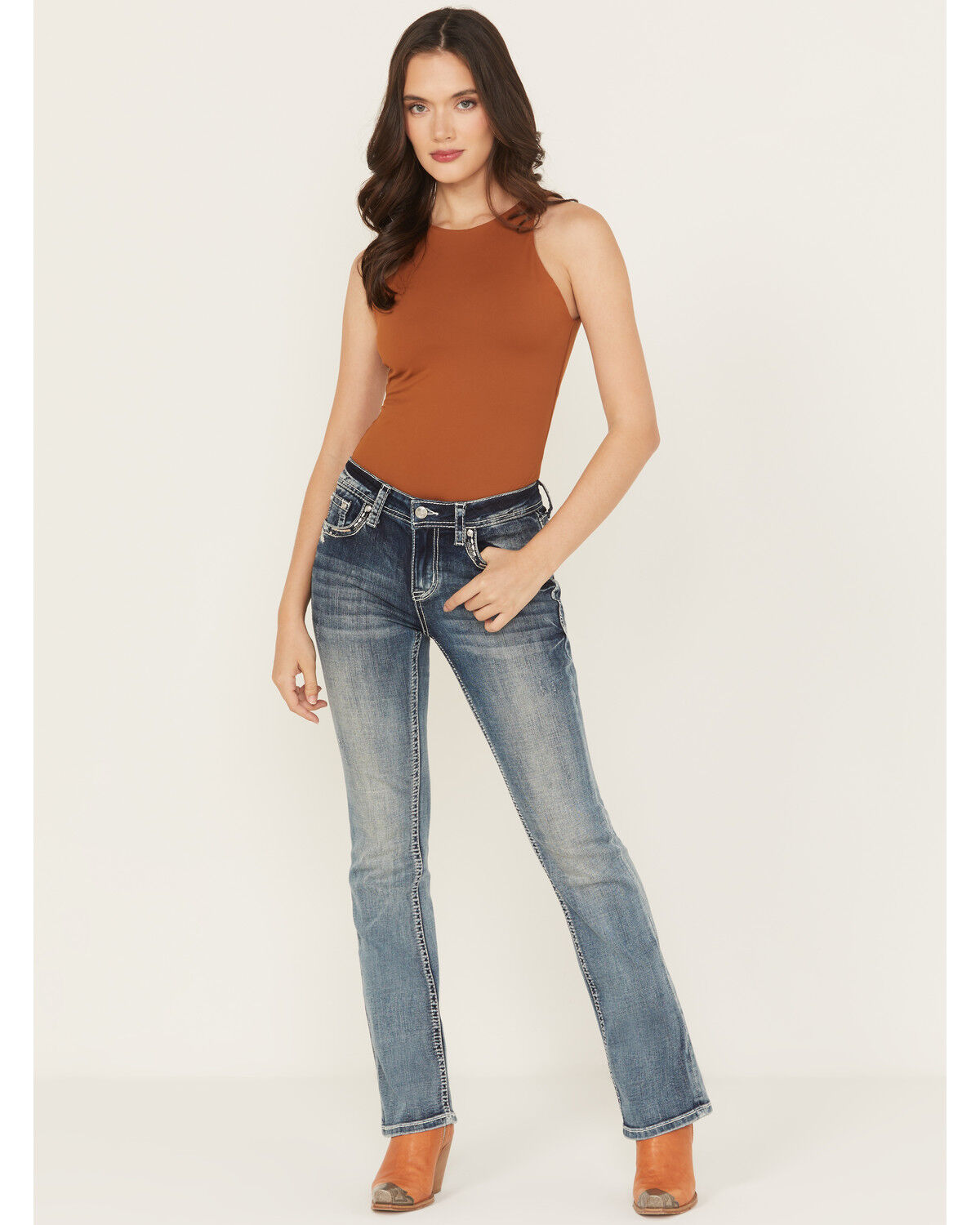 Grace in LA Women's Medium Wash Floral Embroidered Mid Rise Bootcut Stretch Denim Jeans