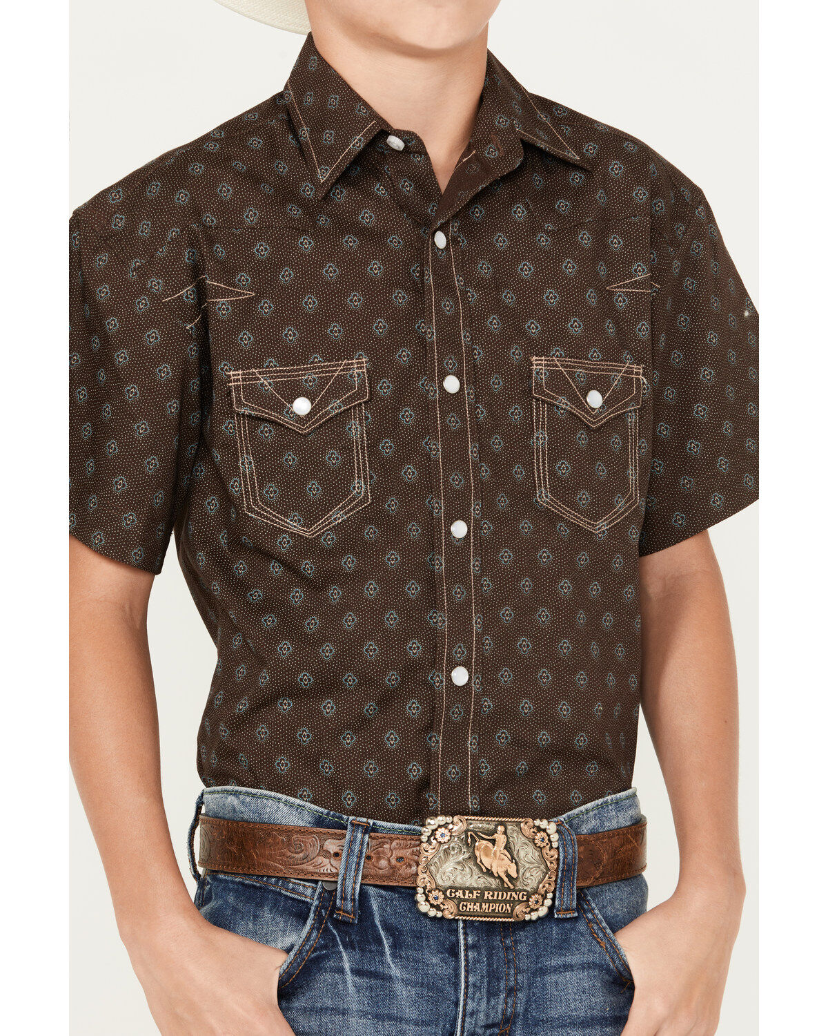 Rock & Roll Denim Boys' Medallion Vintage Short Sleeve Snap Western Shirt
