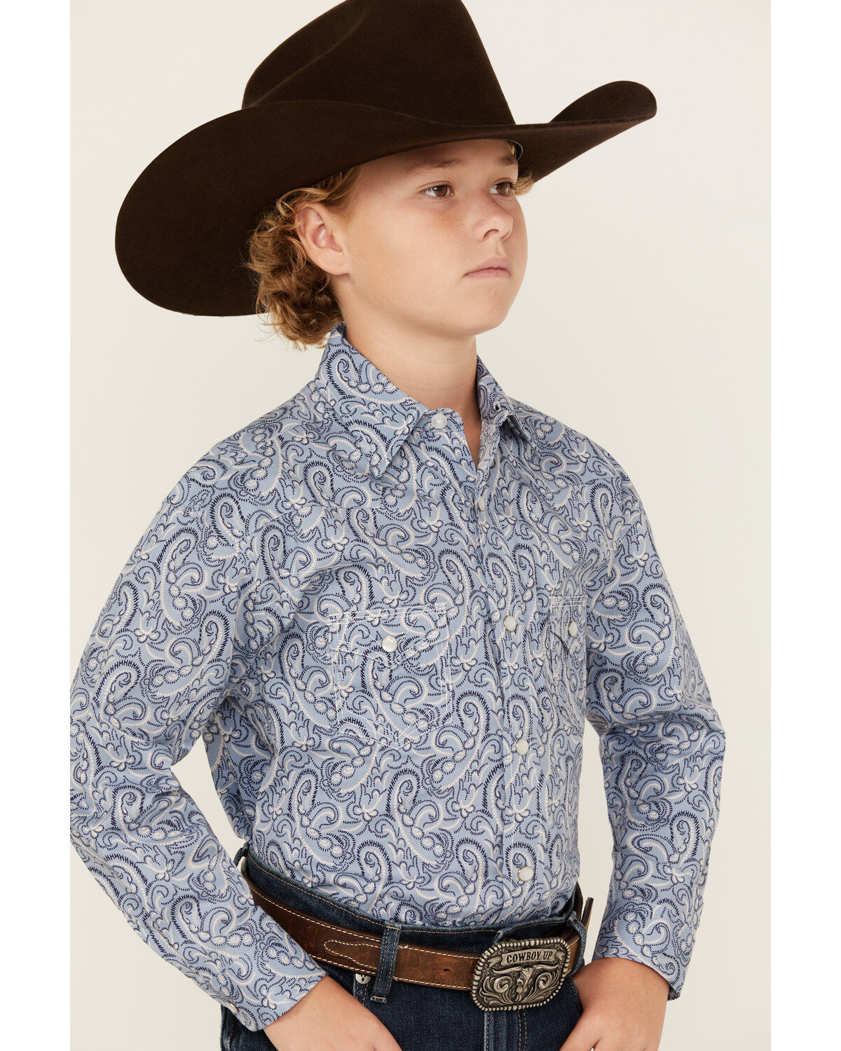 Rock & Roll Denim Boys' Paisley Print Long Sleeve Pearl Snap Stretch Western Shirt