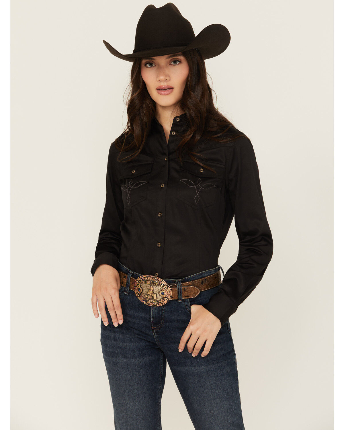 Shyanne Women's Poplin Embroidered Long Sleeve Button-Down Stretch Western Shirt