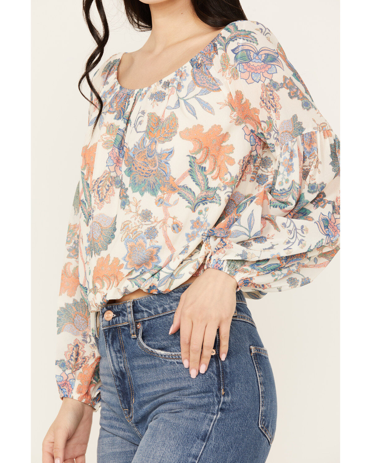 Flying Tomato Women's Floral Long Sleeve Peasant Top