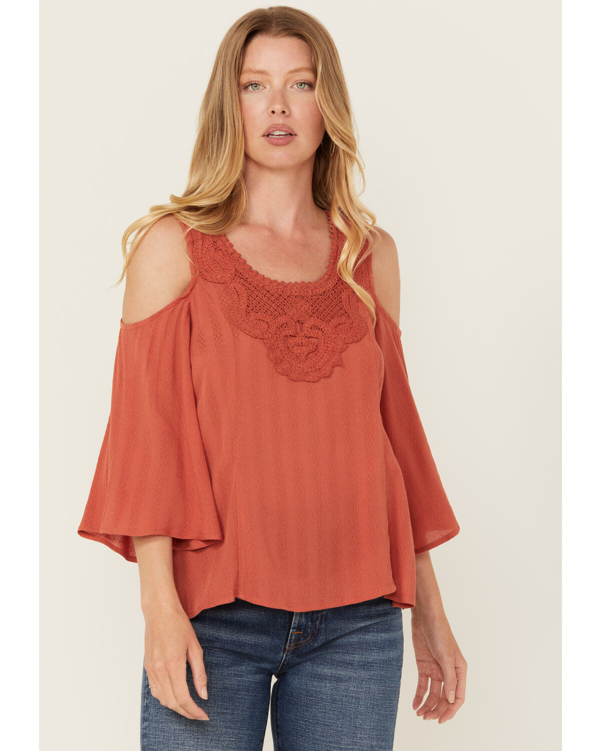 Shyanne Women's Solid Crochet Trim Cold Shoulder Shirt