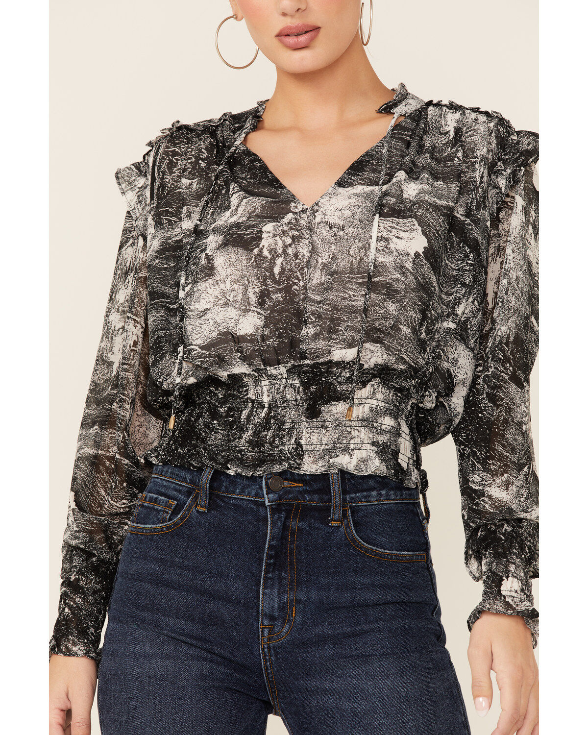 Revel Women's Toile Print Smocked Long Sleeve Top