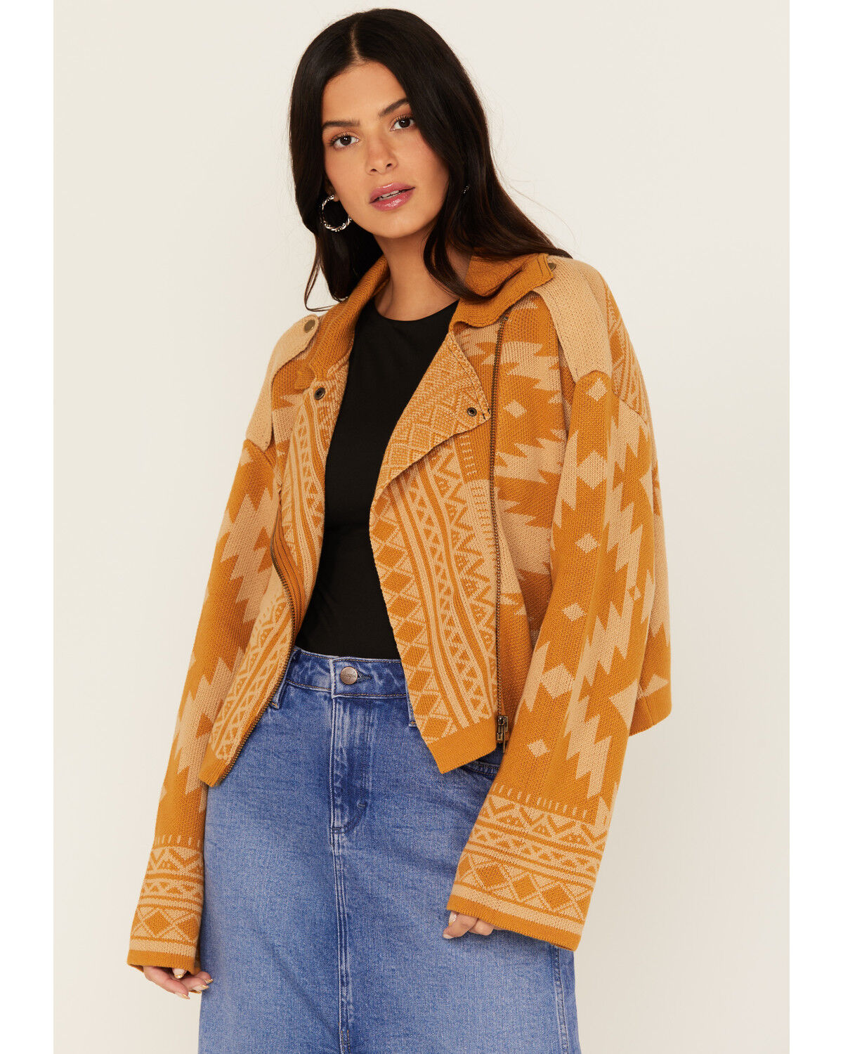 Miss Me Women's Southwestern Print Knit Moto Jacket