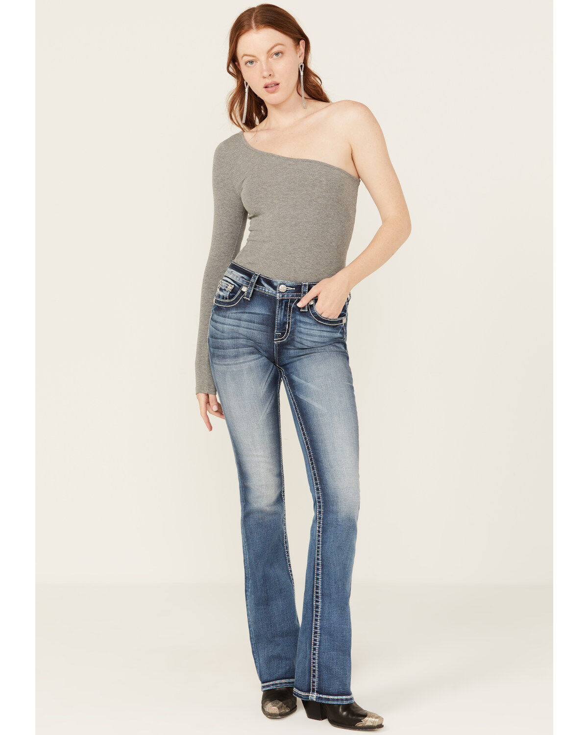 Miss Me Women's Medium Wash Mid Rise Wing Pocket Stretch Bootcut Jeans