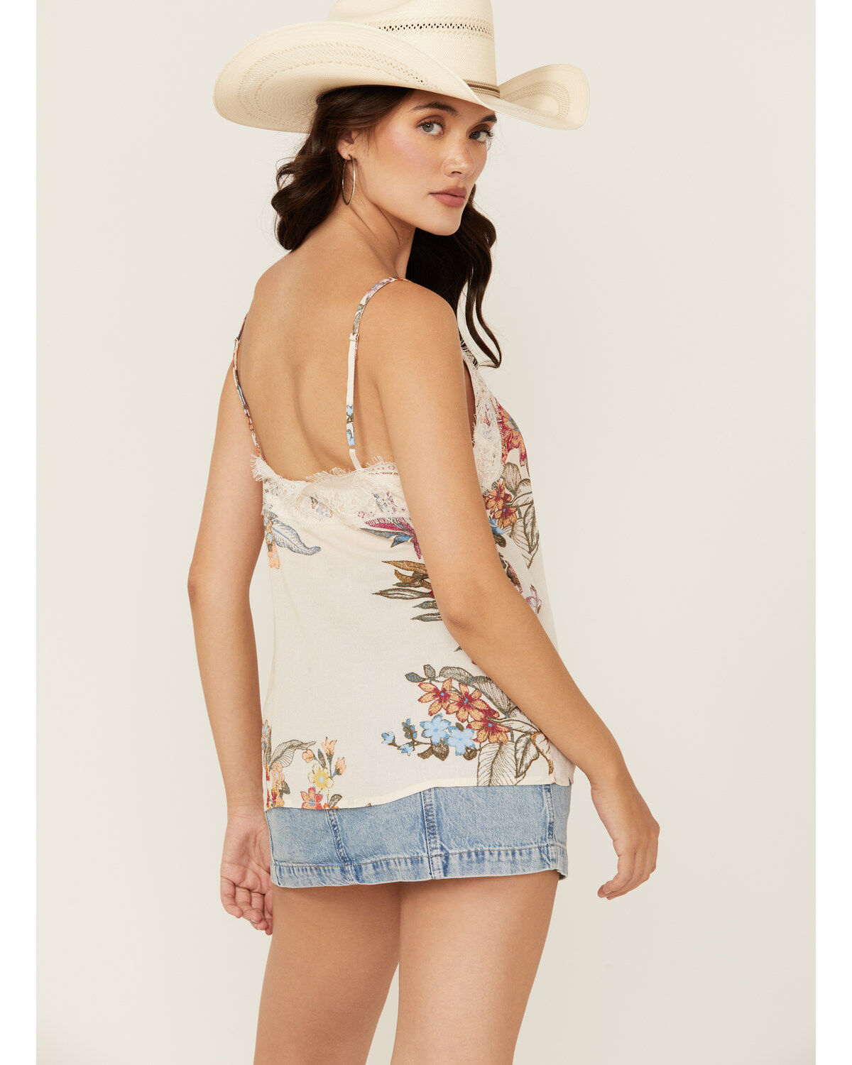 Wild Moss Women's Floral Print Lace Trim Cami Tank Top