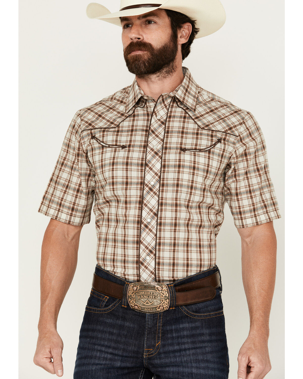 Roper Men's Medium Plaid Print Embroidered Yoke Short Sleeve Pearl Snap Western Shirt
