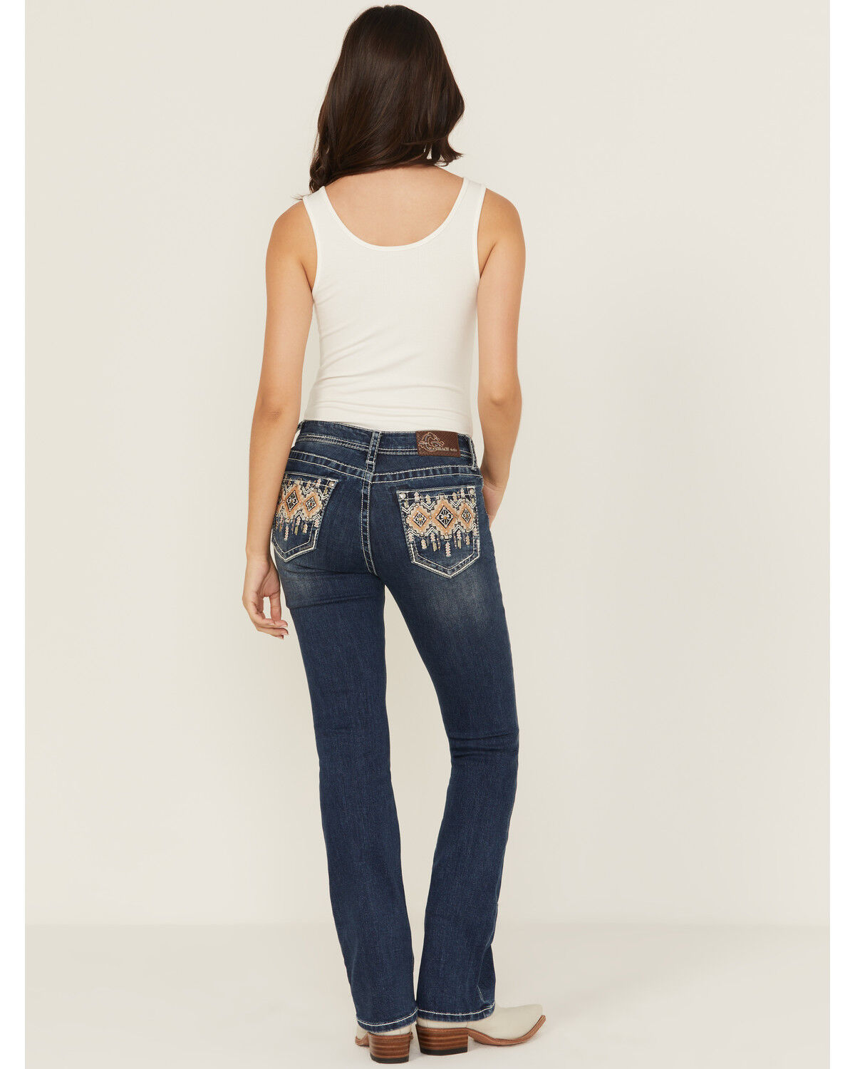 Grace in LA Women's Medium Wash Diamond Embroidered Mid Rise Bootcut Stretch Denim Jeans