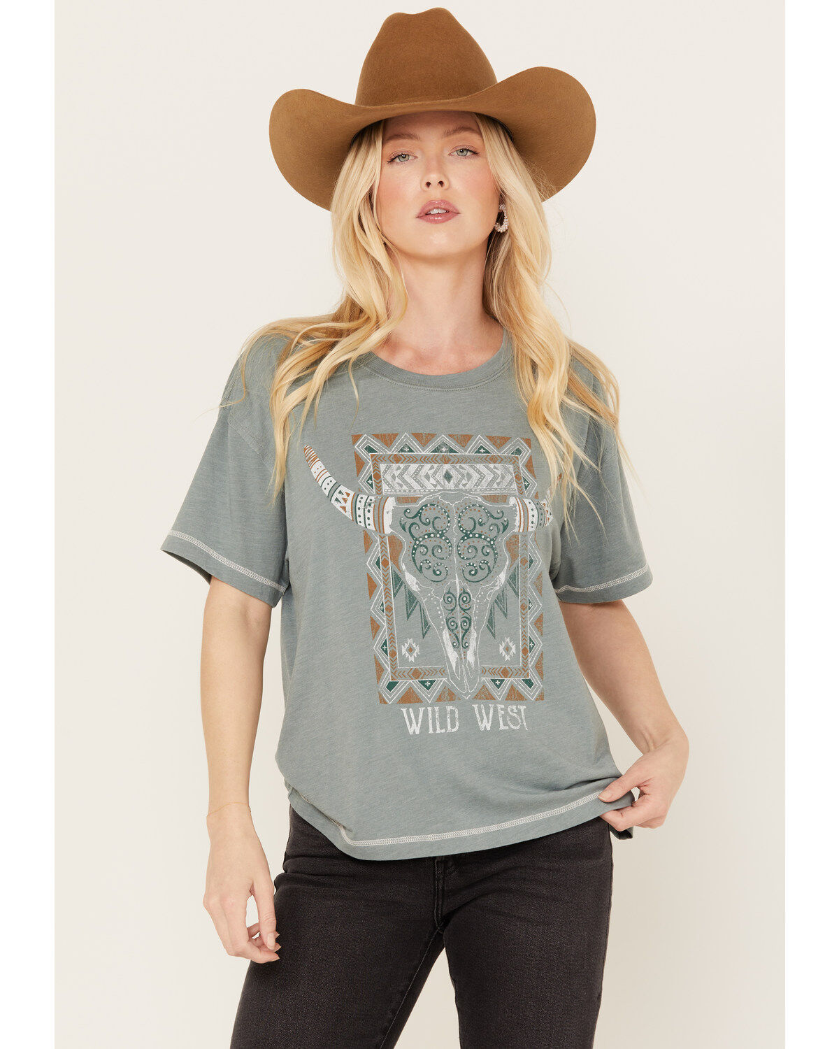 White Crow Women's Wild West Steer Head Skull Short Sleeve Graphic Tee