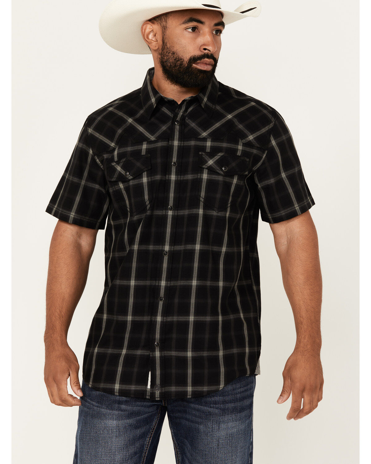 Moonshine Spirit Men's Exclusive Plaid Print Short Sleeve Snap Western Shirt