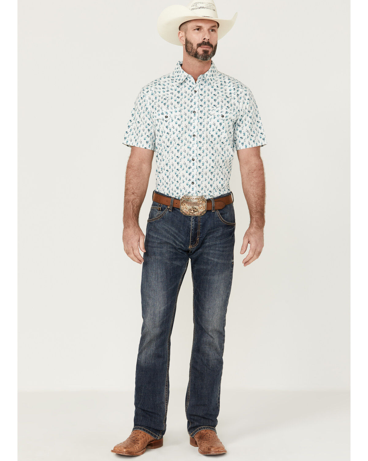 Moonshine Spirit Men's Blue Agave Floral Print Short Sleeve Snap Western Shirt