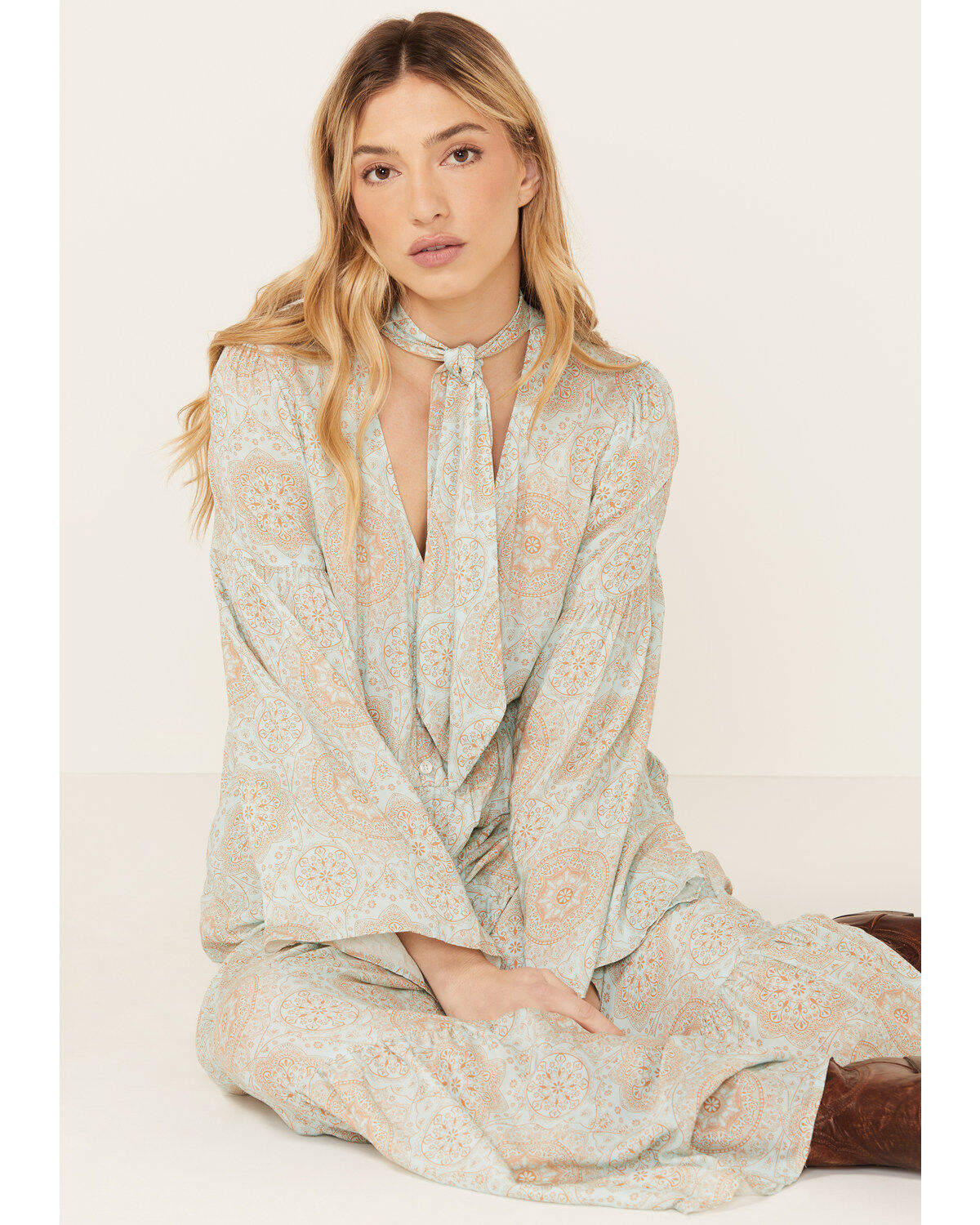 Stetson Women's Geo Print Long Sleeve Midi Dress